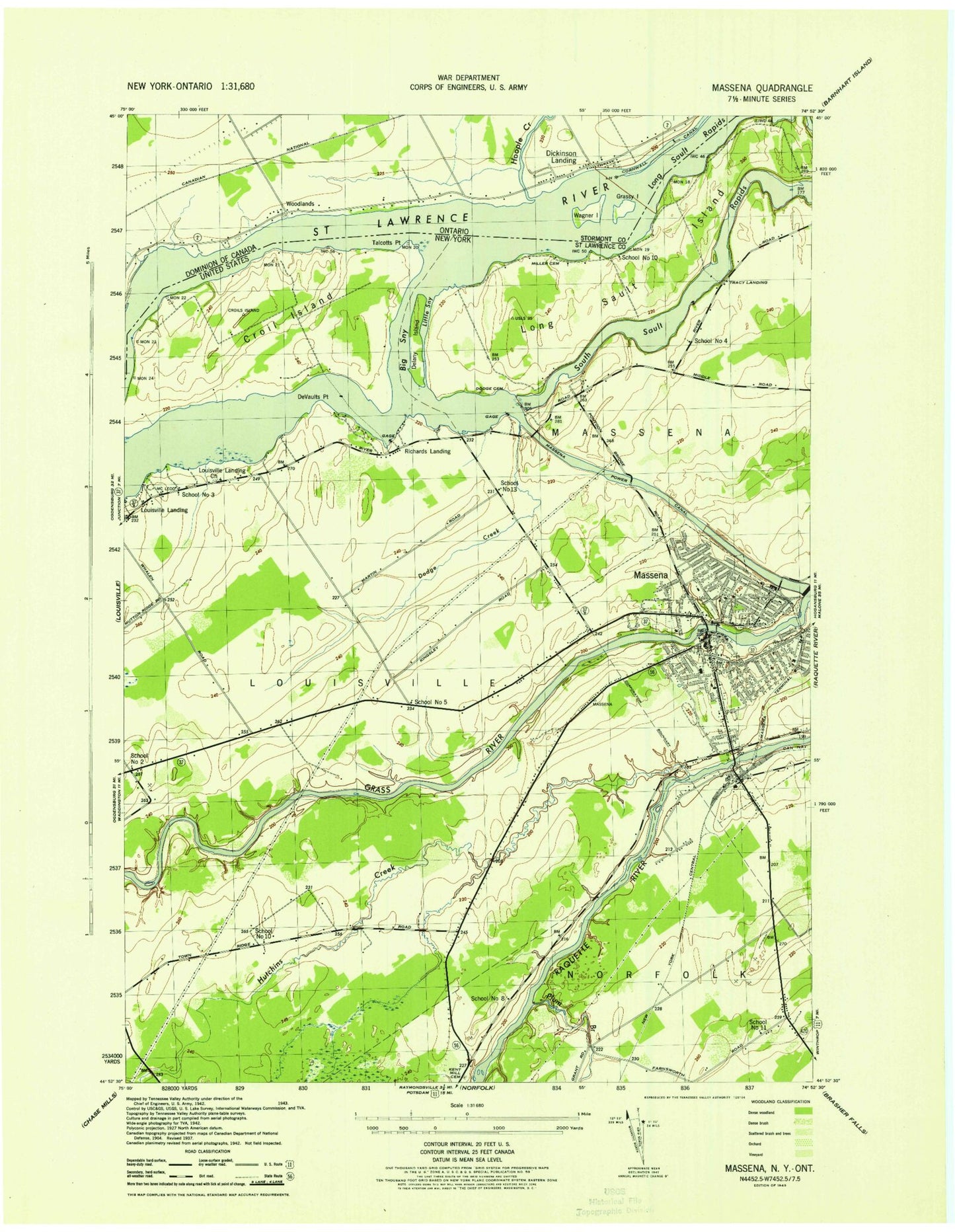 Classic USGS Massena New York 7.5'x7.5' Topo Map Image