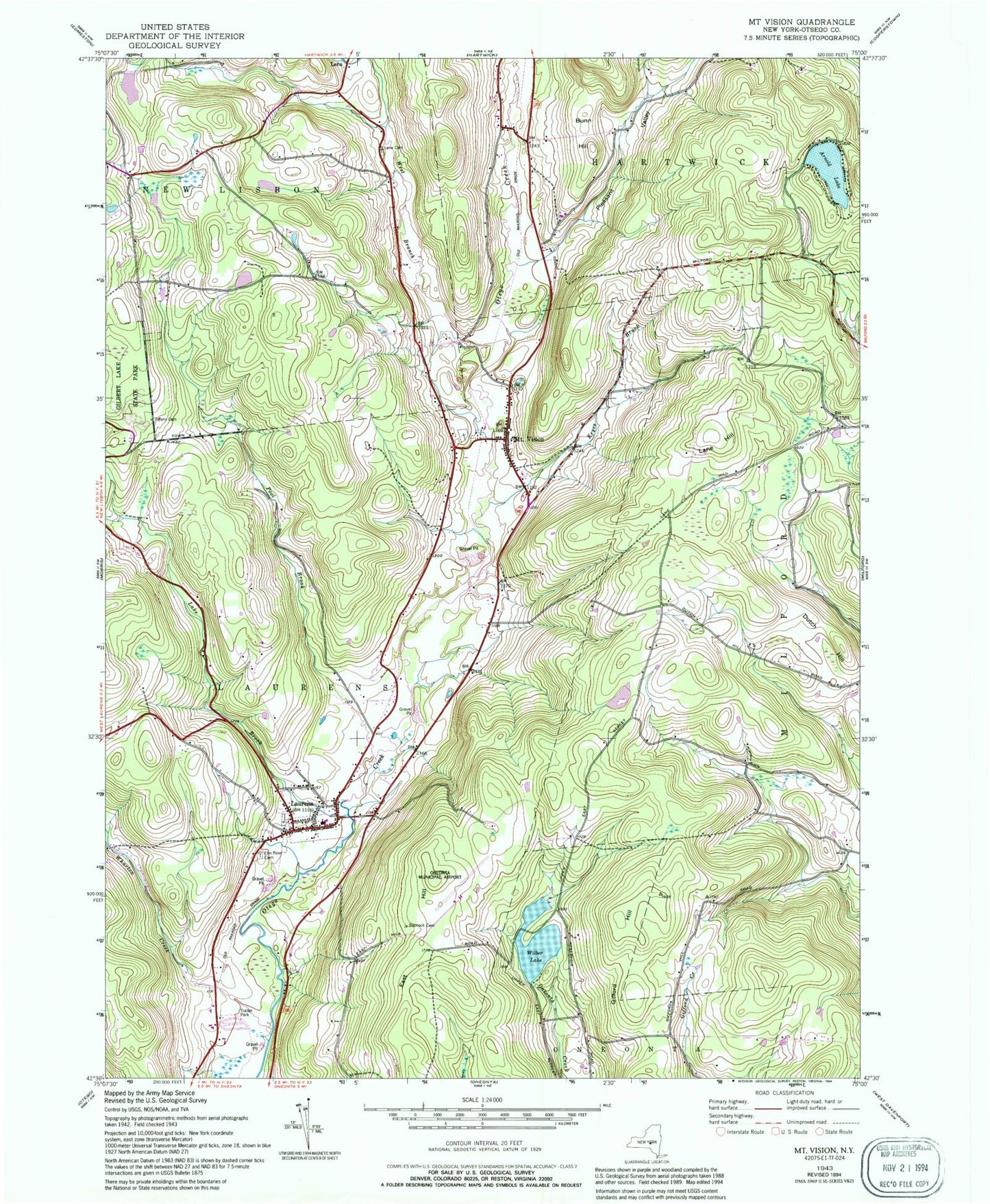 Classic USGS Mount Vision New York 7.5'x7.5' Topo Map Image