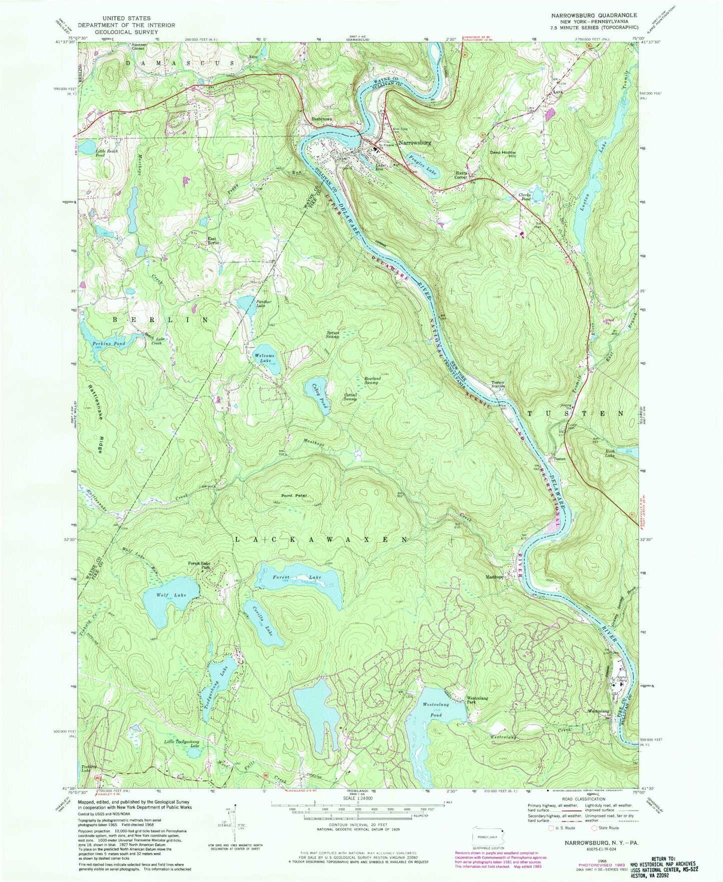 Classic USGS Narrowsburg New York 7.5'x7.5' Topo Map Image