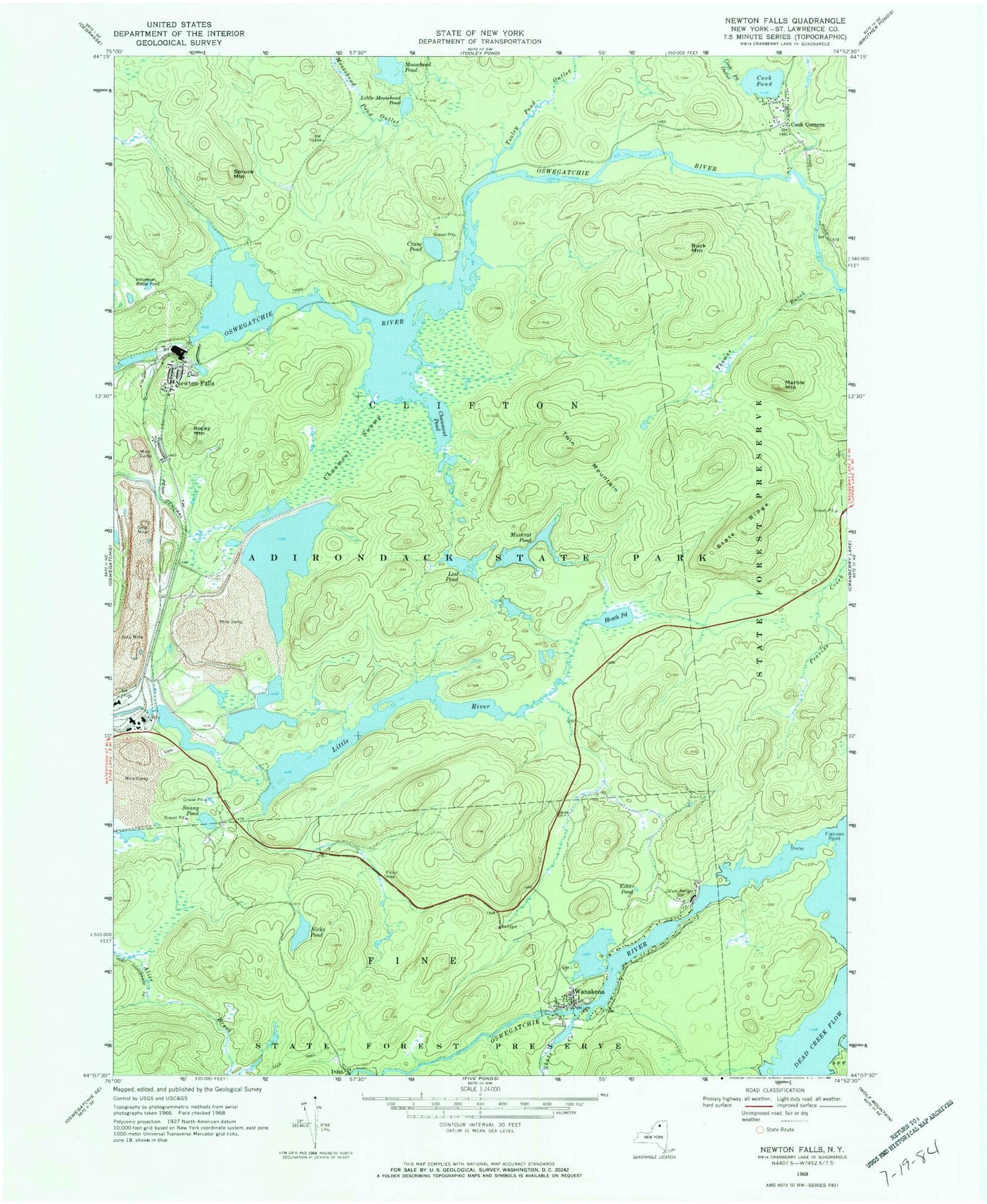Classic USGS Newton Falls New York 7.5'x7.5' Topo Map Image