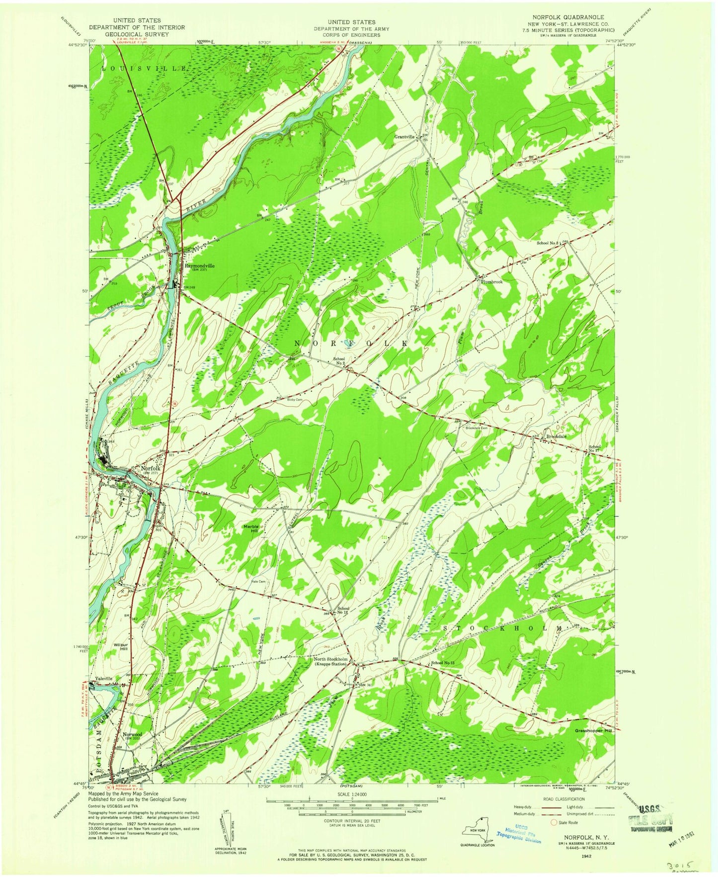 Classic USGS Norfolk New York 7.5'x7.5' Topo Map Image