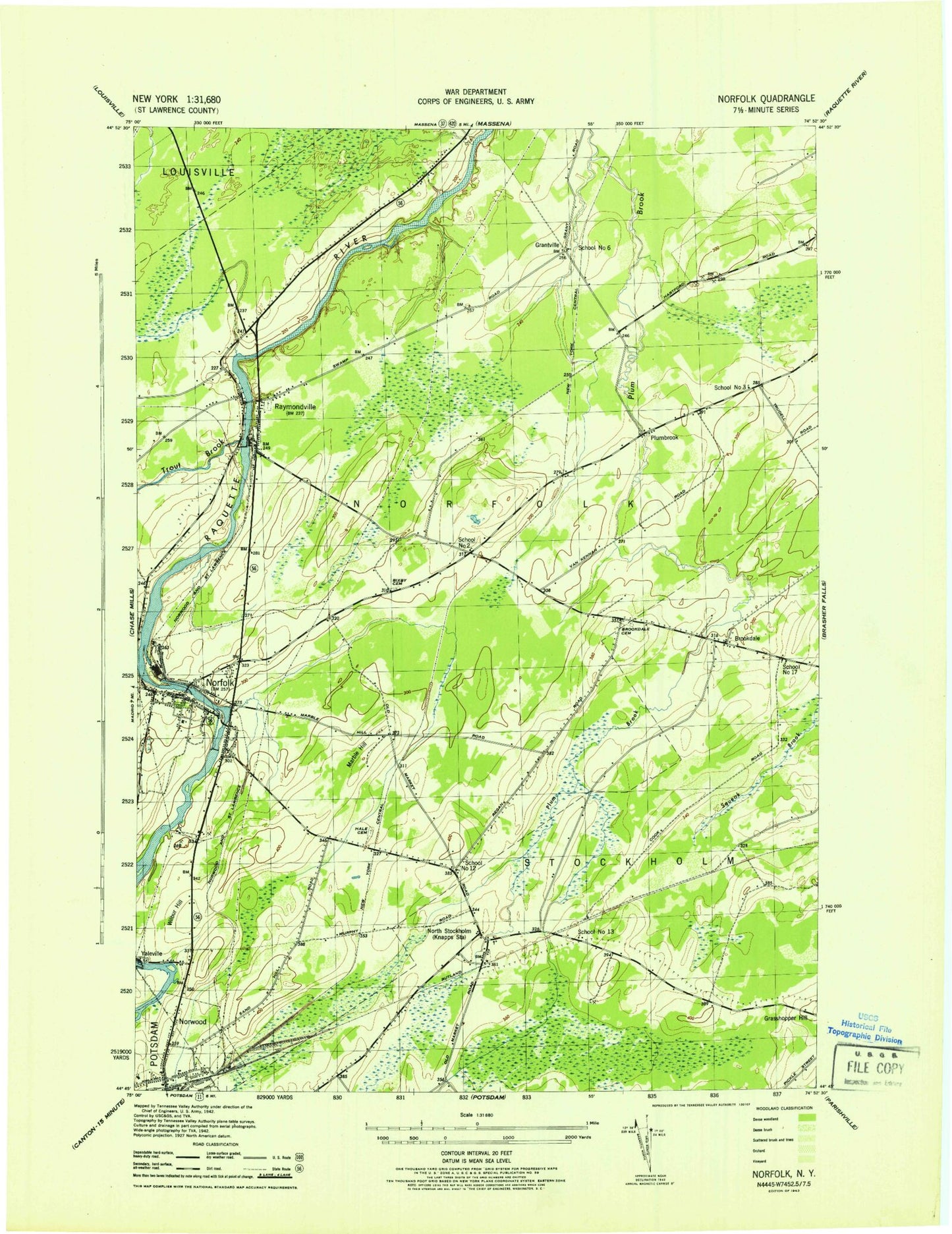 Classic USGS Norfolk New York 7.5'x7.5' Topo Map Image