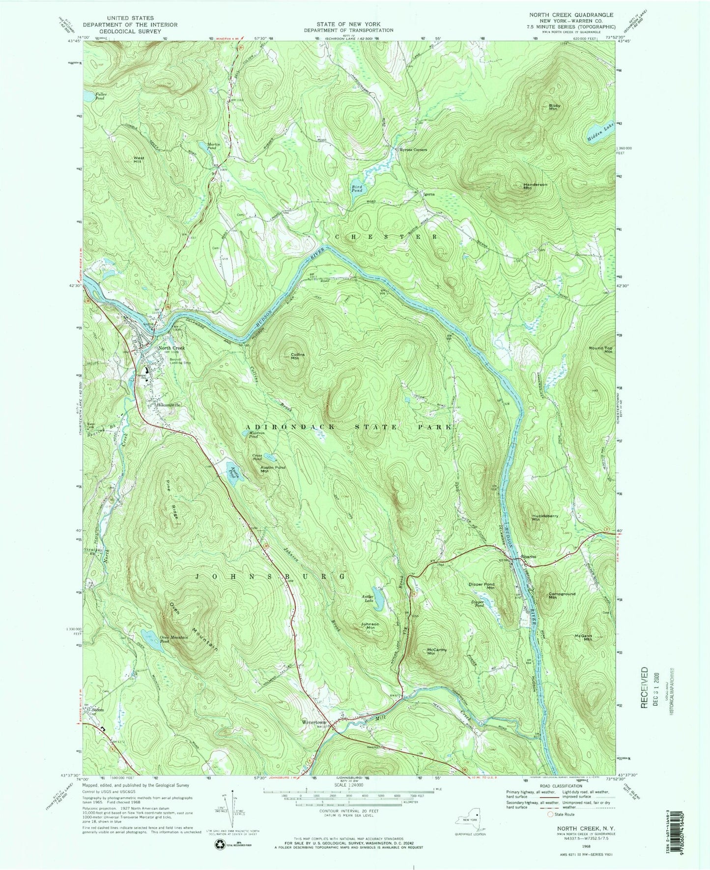 Classic USGS North Creek New York 7.5'x7.5' Topo Map Image