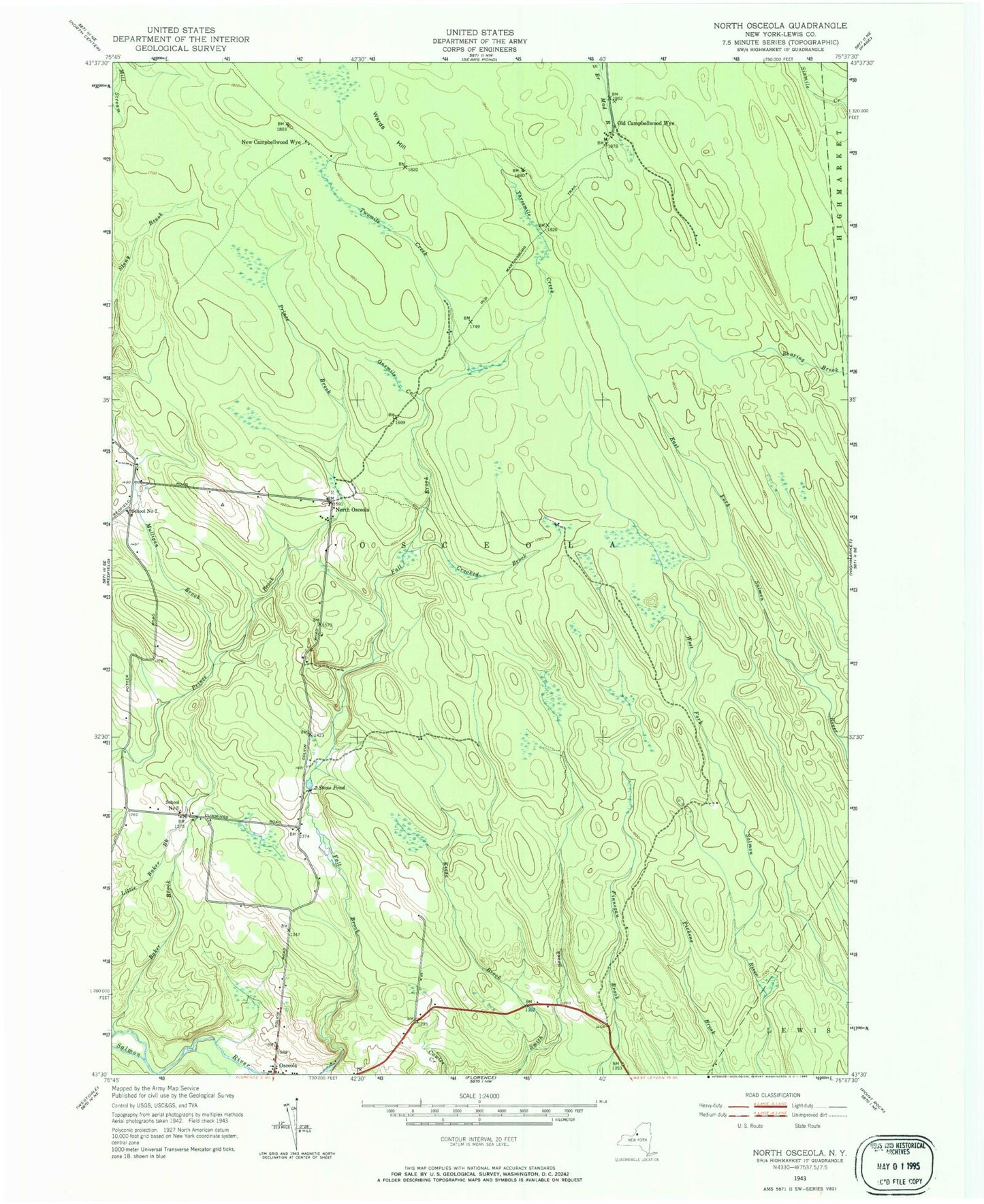 Classic USGS North Osceola New York 7.5'x7.5' Topo Map Image