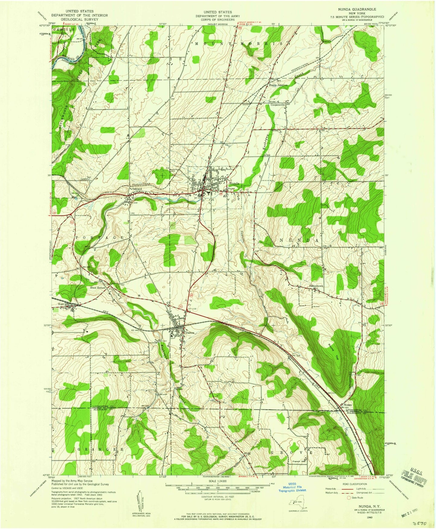 Classic USGS Nunda New York 7.5'x7.5' Topo Map Image