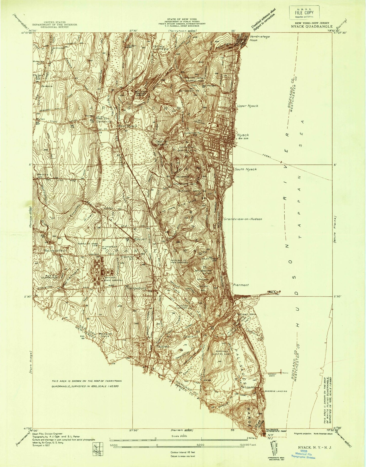 Classic USGS Nyack New York 7.5'x7.5' Topo Map Image