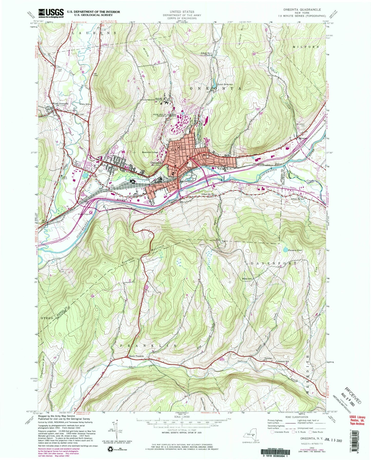 Classic USGS Oneonta New York 7.5'x7.5' Topo Map Image