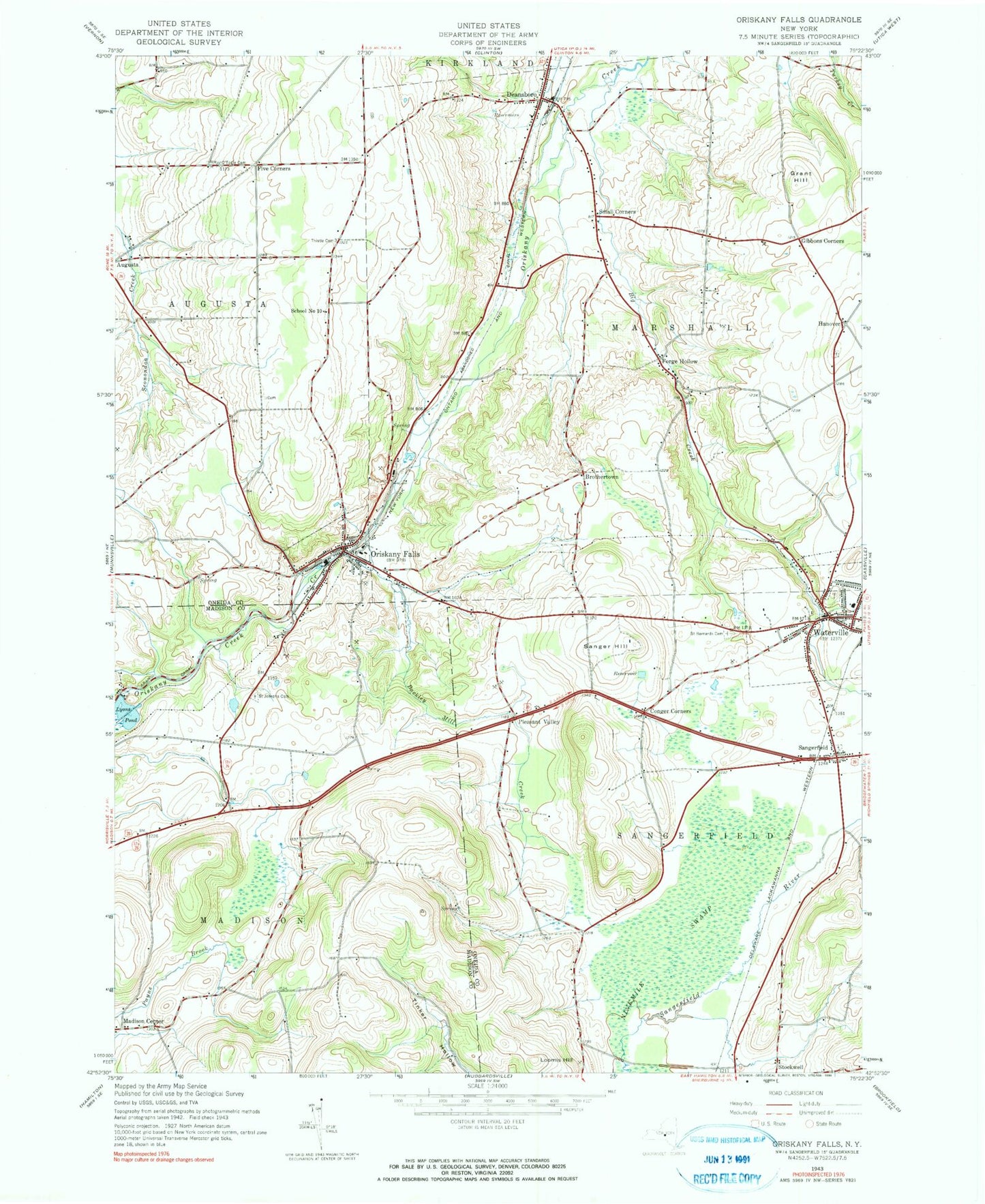 Classic USGS Oriskany Falls New York 7.5'x7.5' Topo Map Image