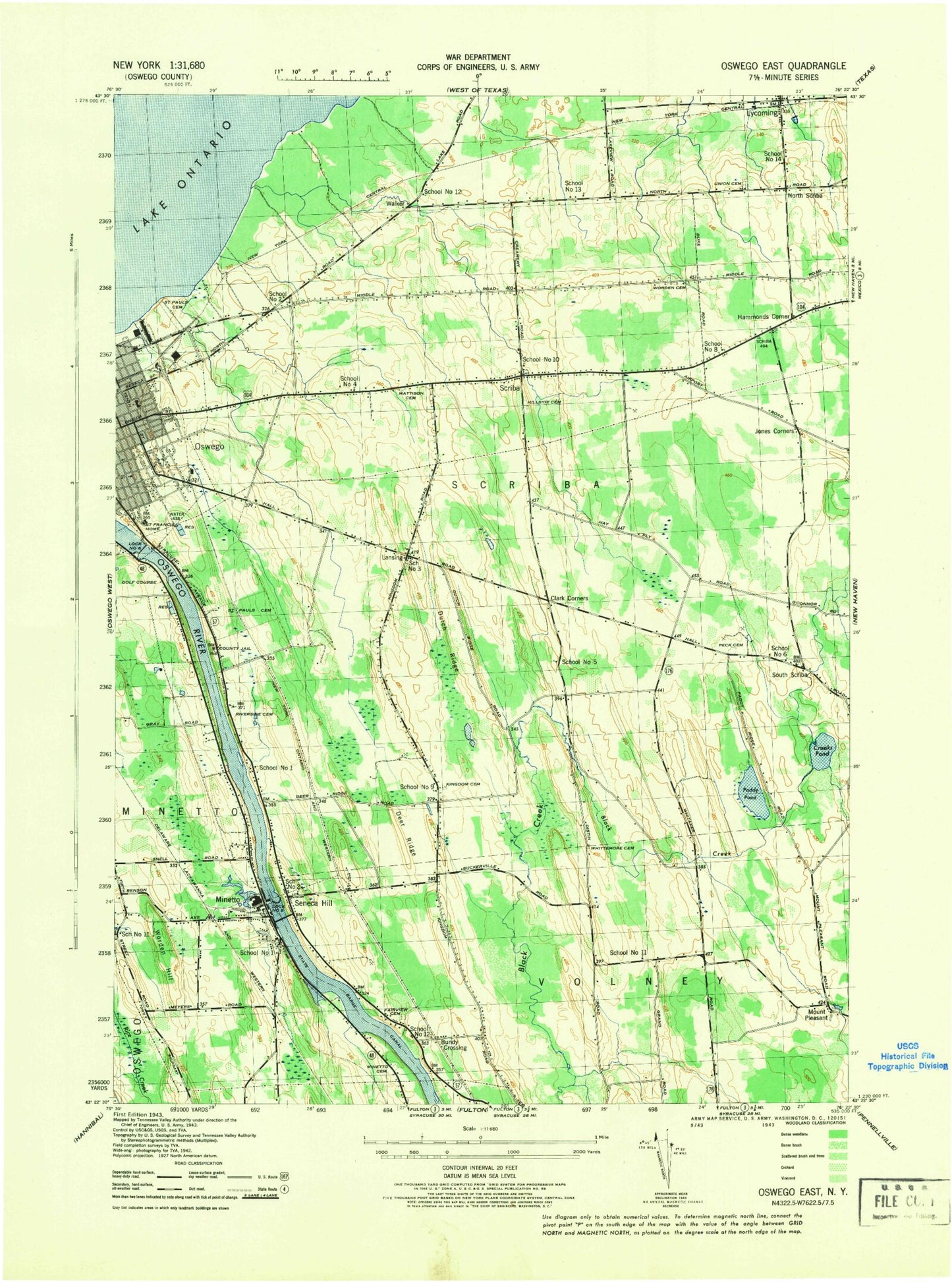 Classic USGS Oswego East New York 7.5'x7.5' Topo Map Image