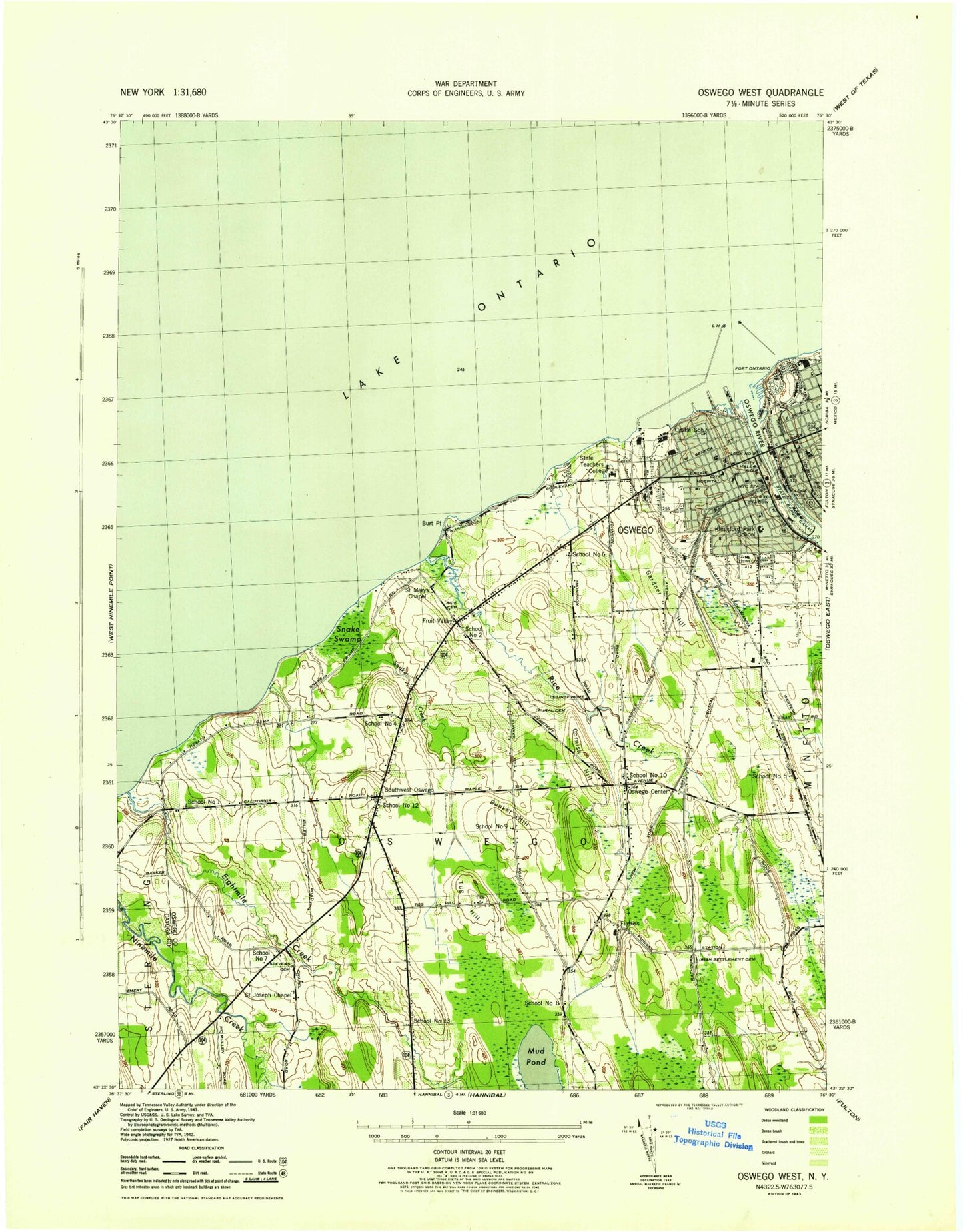Classic USGS Oswego West New York 7.5'x7.5' Topo Map Image