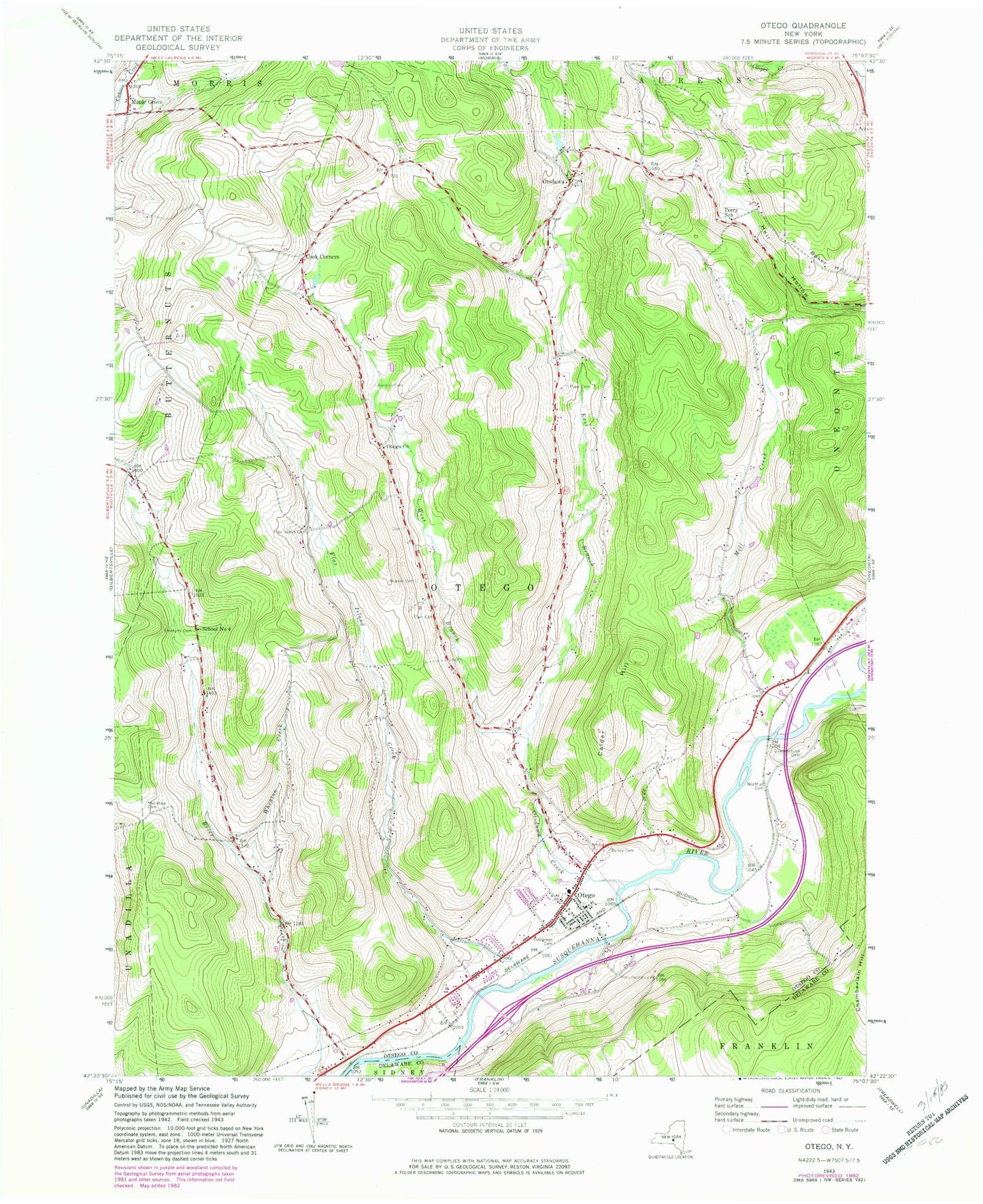 Classic USGS Otego New York 7.5'x7.5' Topo Map Image