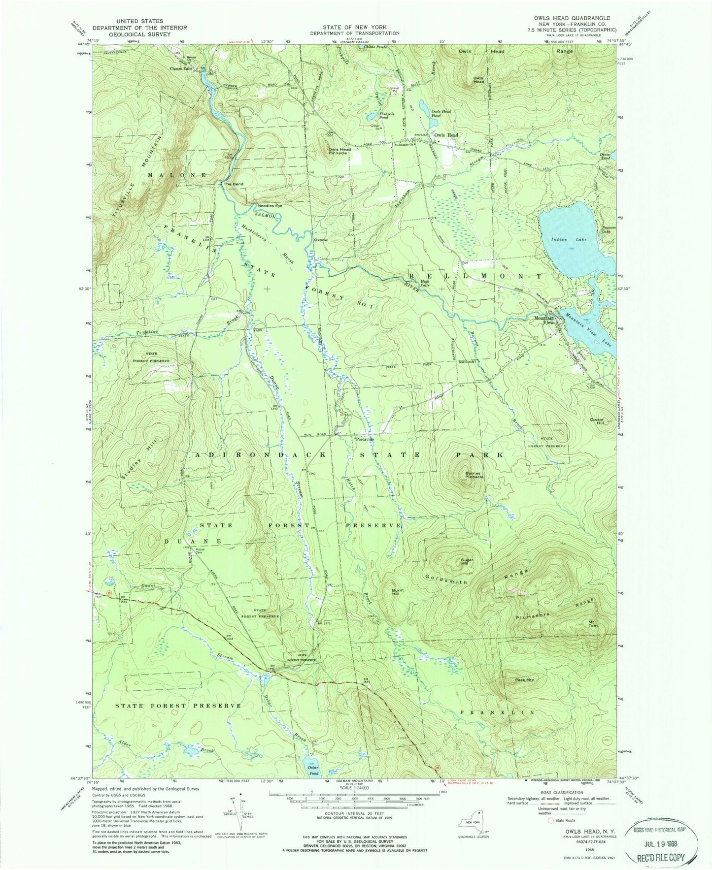 Classic USGS Owls Head New York 7.5'x7.5' Topo Map Image