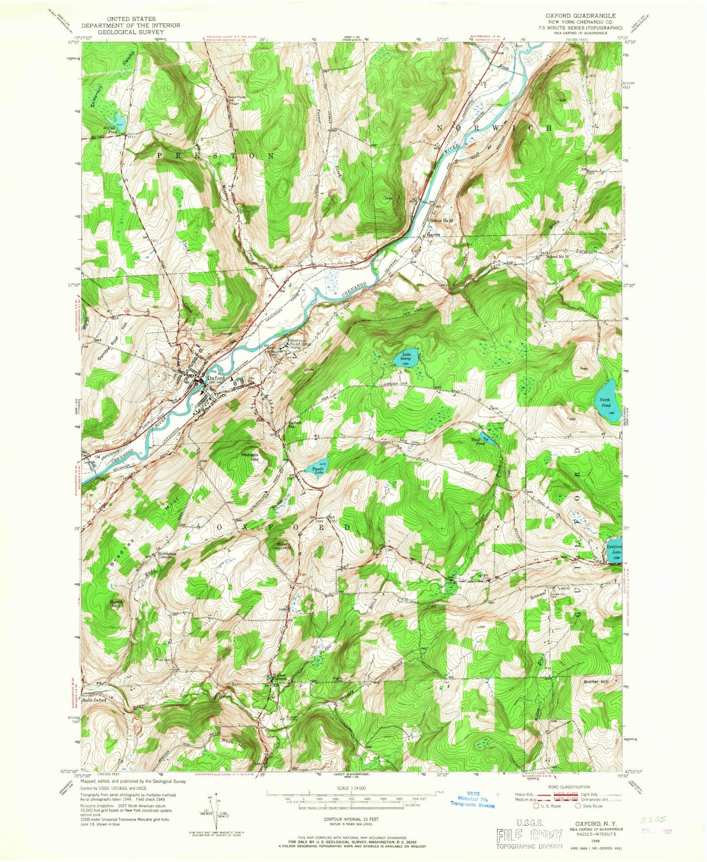 Classic USGS Oxford New York 7.5'x7.5' Topo Map Image