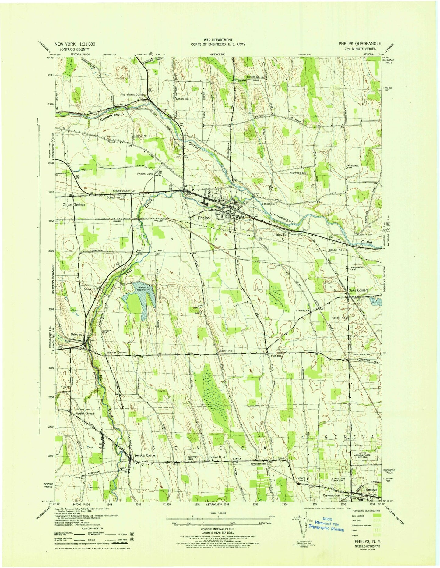 Classic USGS Phelps New York 7.5'x7.5' Topo Map Image