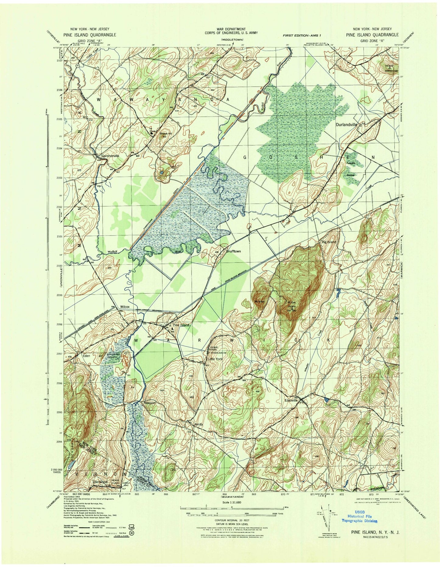 Classic USGS Pine Island New York 7.5'x7.5' Topo Map Image