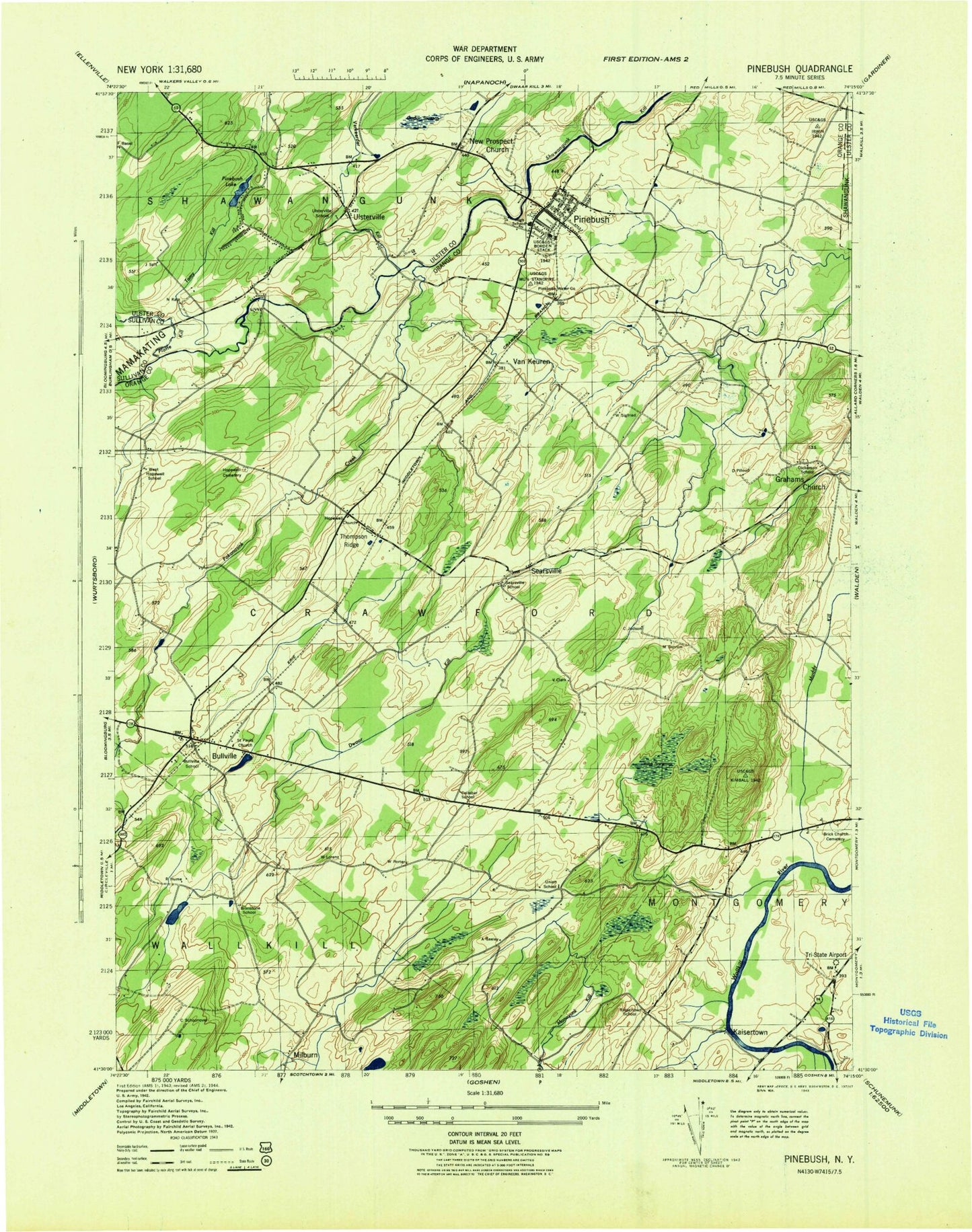 Classic USGS Pine Bush New York 7.5'x7.5' Topo Map Image