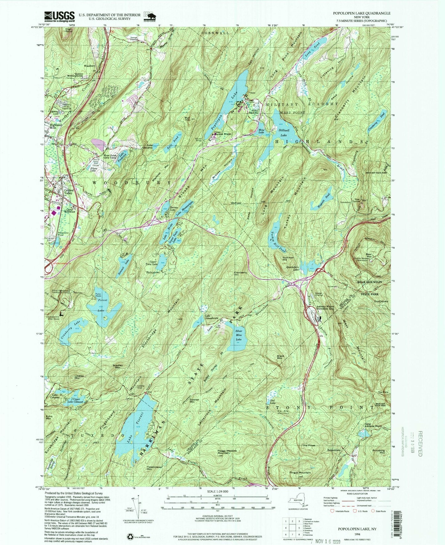 USGS Classic Popolopen Lake New York 7.5'x7.5' Topo Map Image