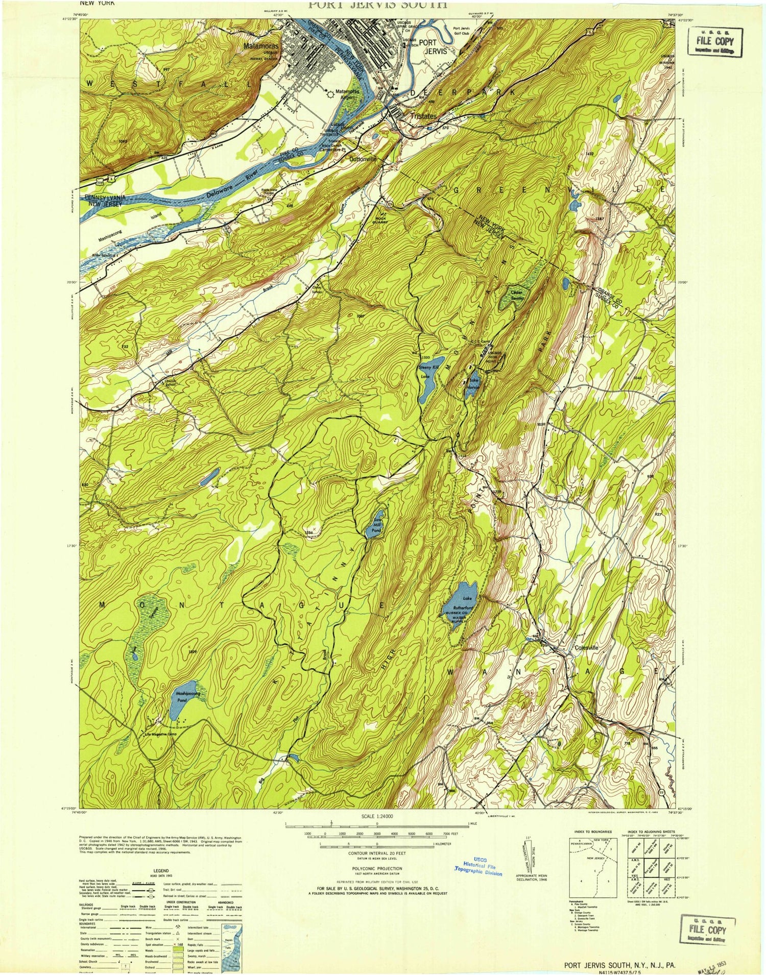 Classic USGS Port Jervis South New York 7.5'x7.5' Topo Map Image