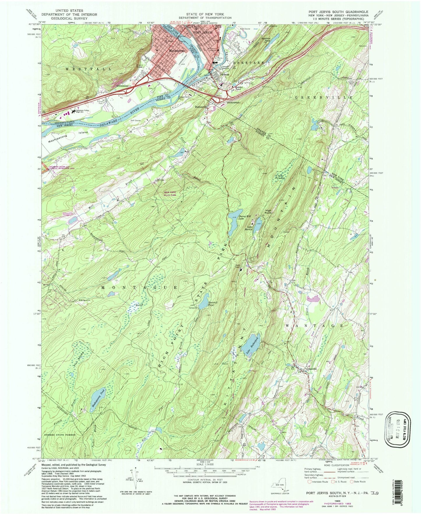 Classic USGS Port Jervis South New York 7.5'x7.5' Topo Map Image