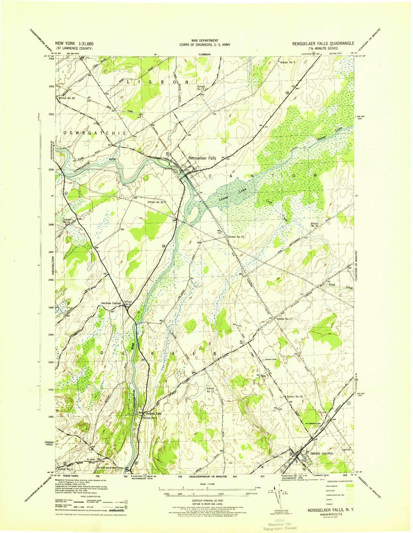 Classic USGS Rensselaer Falls New York 7.5'x7.5' Topo Map Image