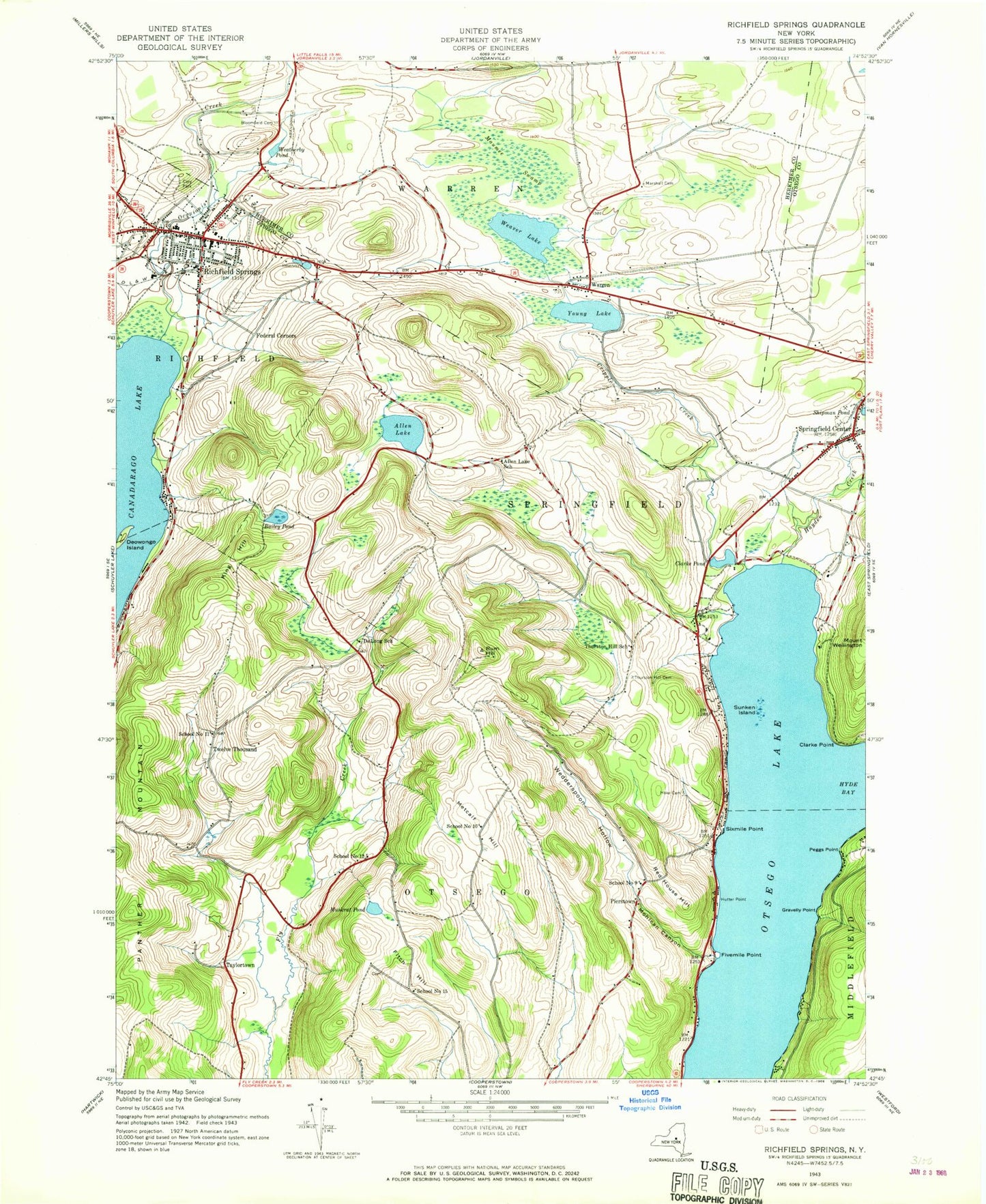 Classic USGS Richfield Springs New York 7.5'x7.5' Topo Map Image