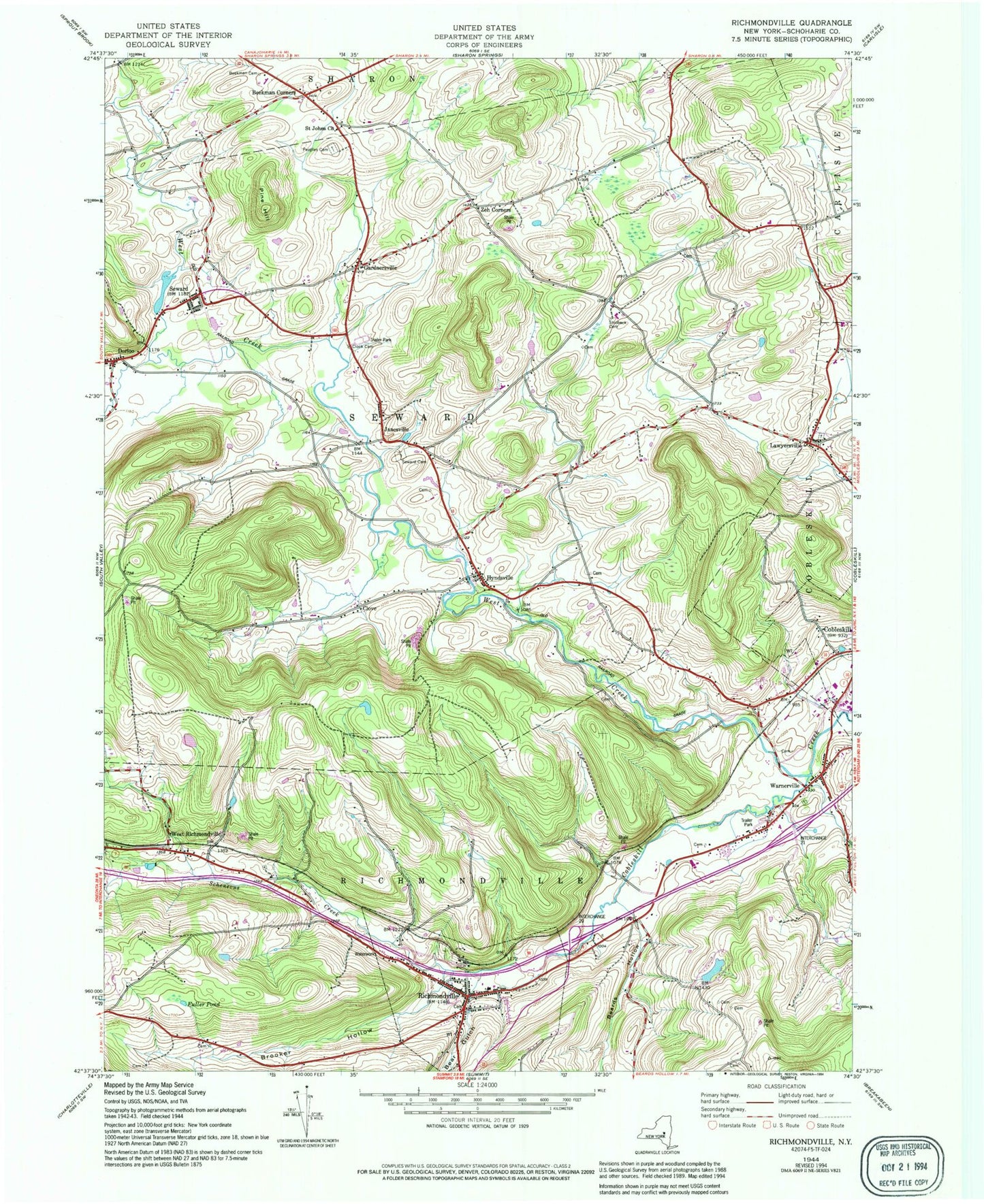 Classic USGS Richmondville New York 7.5'x7.5' Topo Map Image