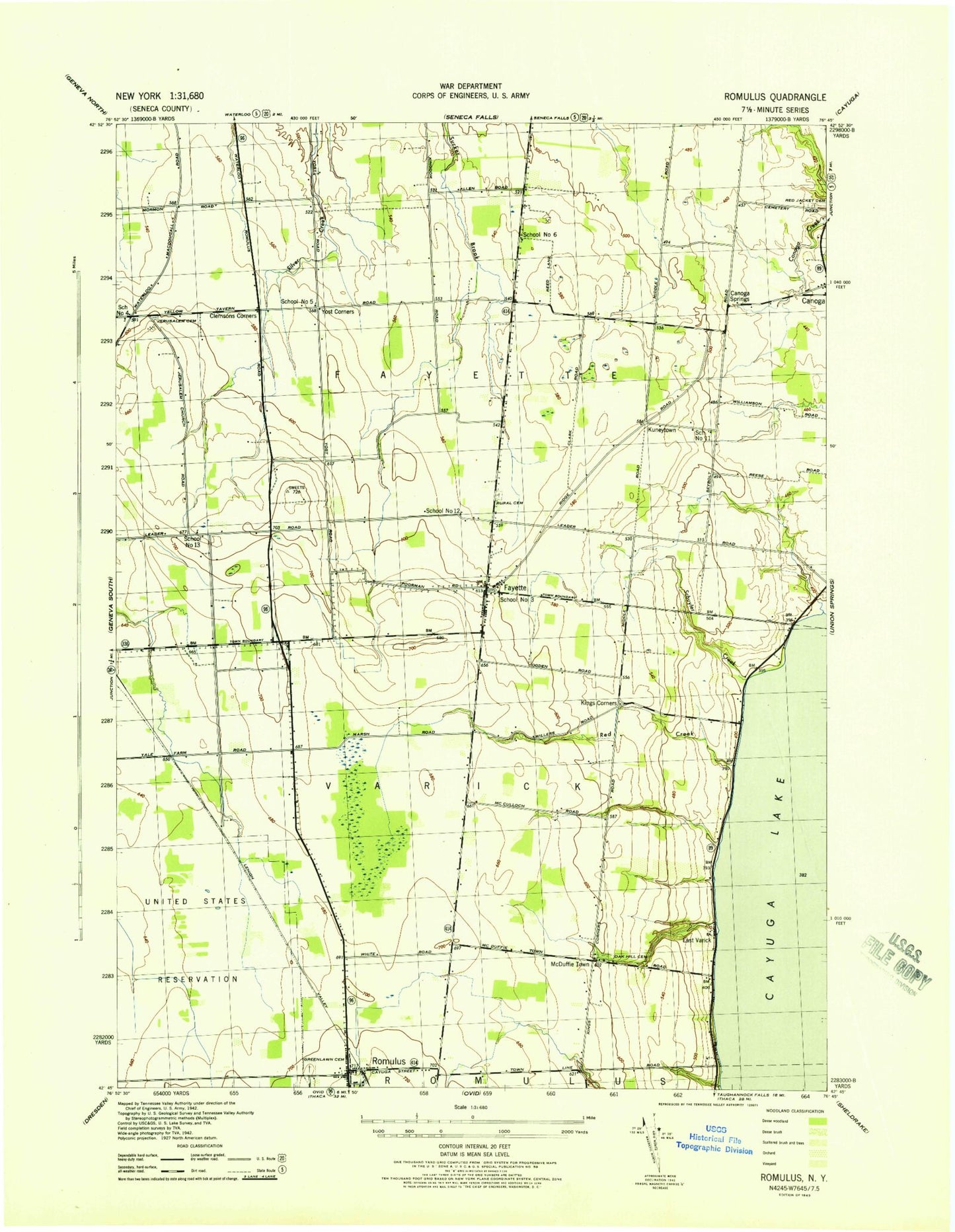 Classic USGS Romulus New York 7.5'x7.5' Topo Map Image