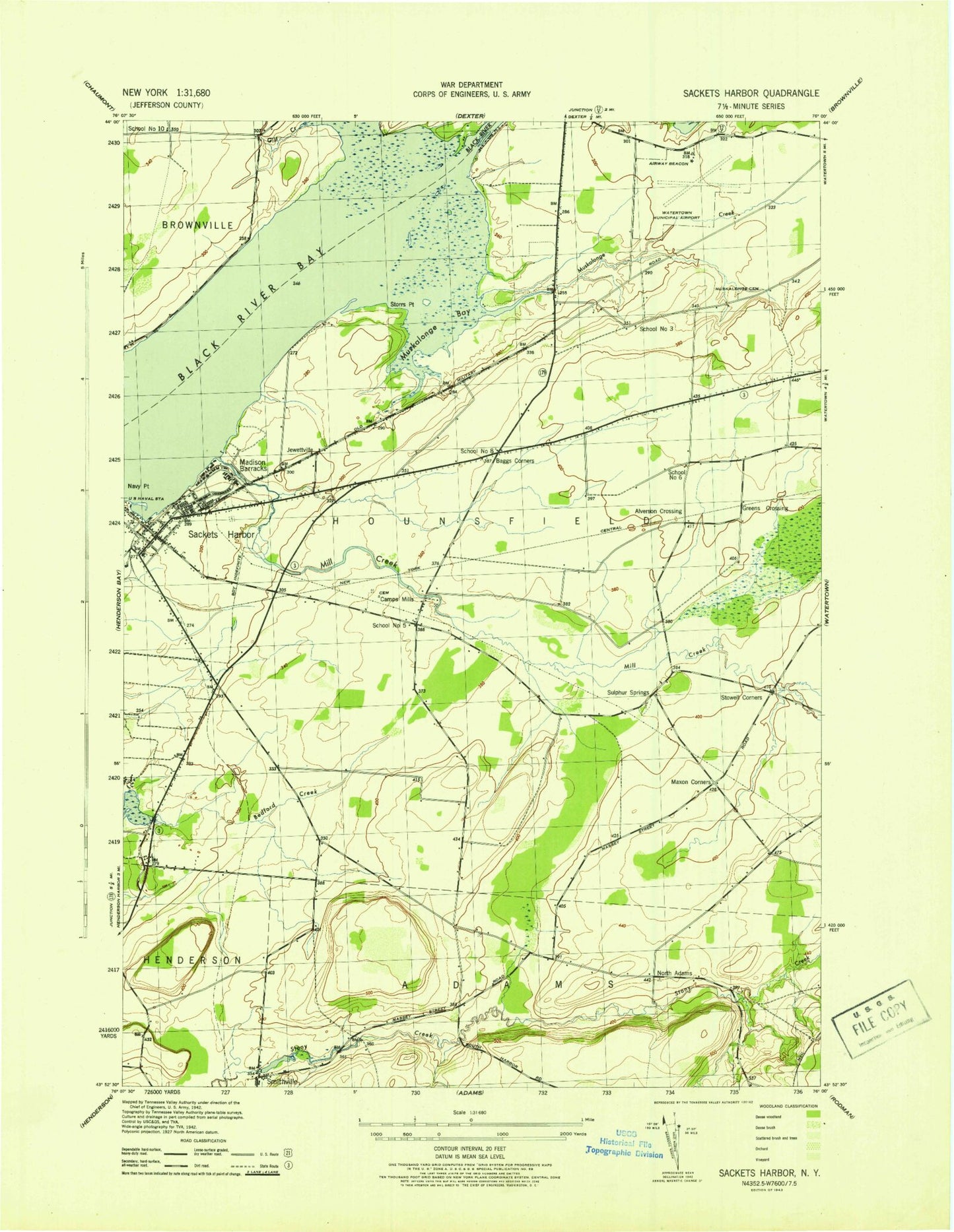 Classic USGS Sackets Harbor New York 7.5'x7.5' Topo Map Image
