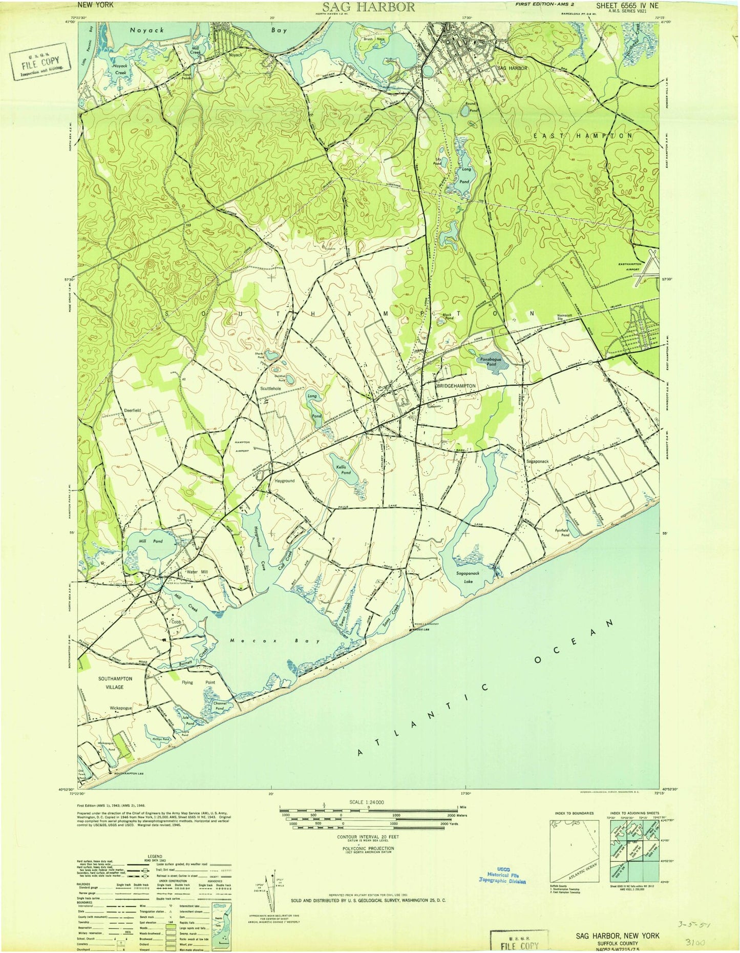 Classic USGS Sag Harbor New York 7.5'x7.5' Topo Map Image
