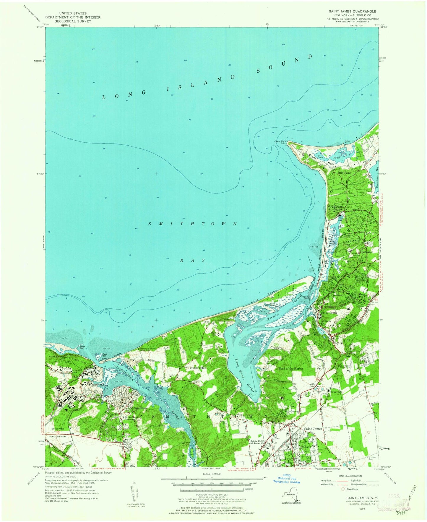 Classic USGS Saint James New York 7.5'x7.5' Topo Map Image