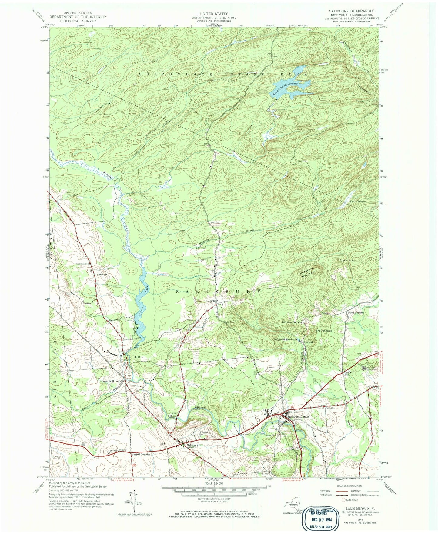 Classic USGS Salisbury New York 7.5'x7.5' Topo Map Image