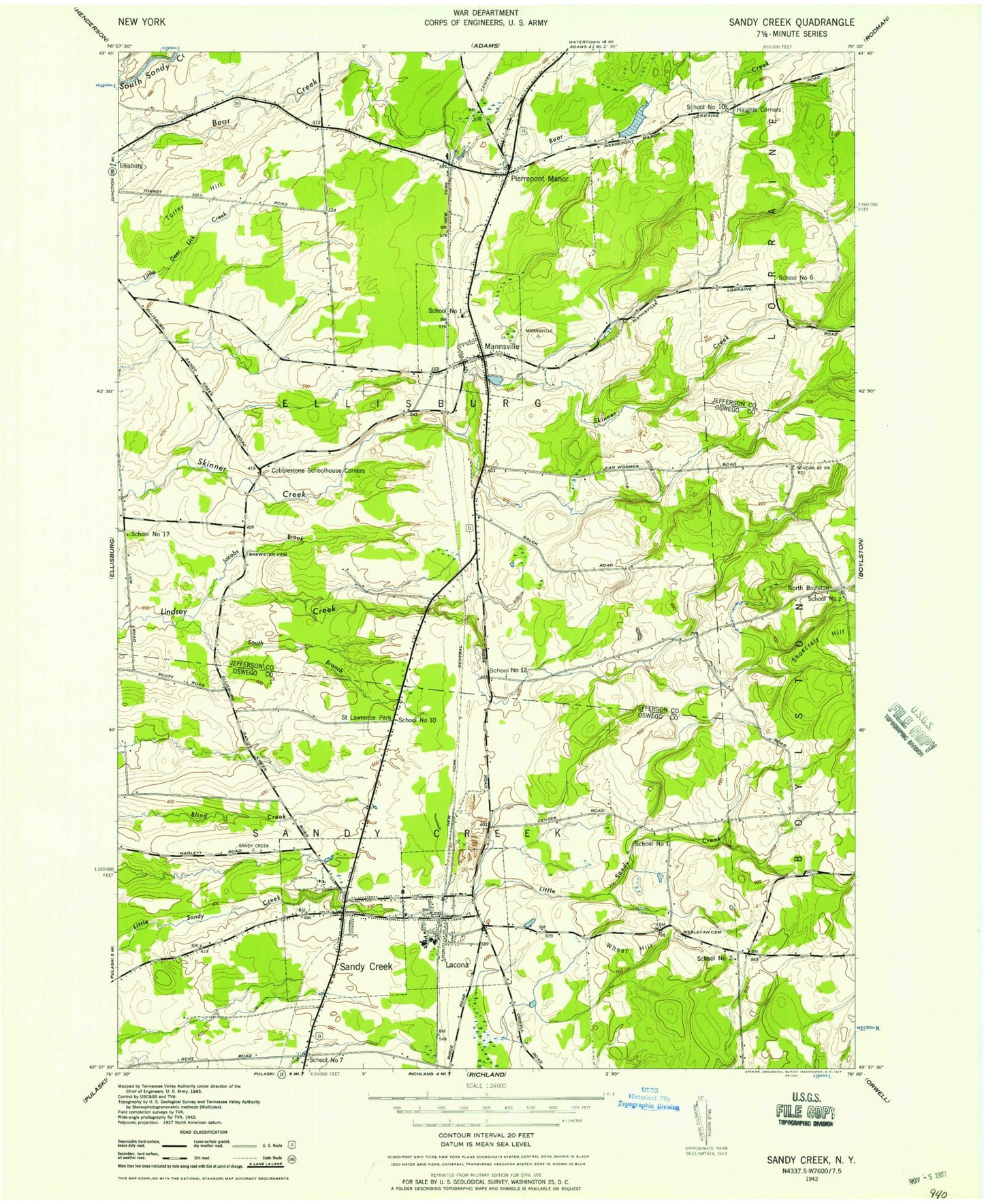 Classic USGS Sandy Creek New York 7.5'x7.5' Topo Map Image