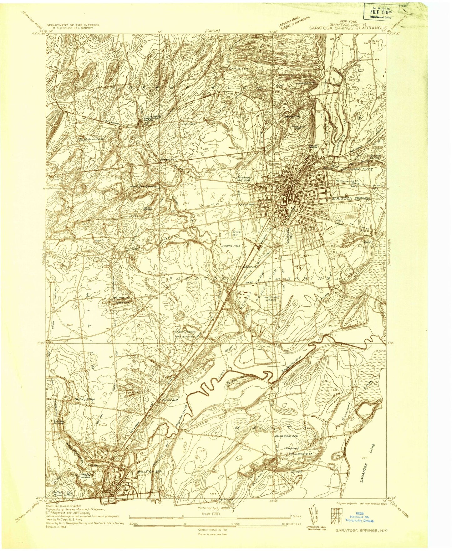 Classic USGS Saratoga Springs New York 7.5'x7.5' Topo Map Image