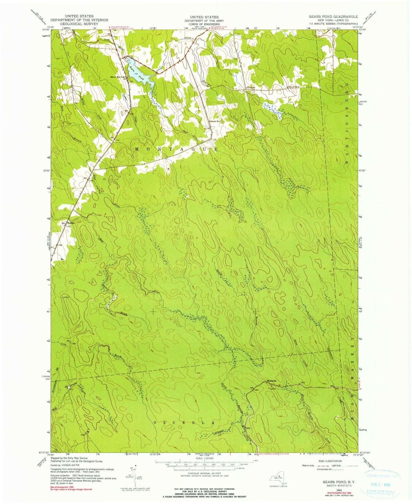 Classic USGS Sears Pond New York 7.5'x7.5' Topo Map Image