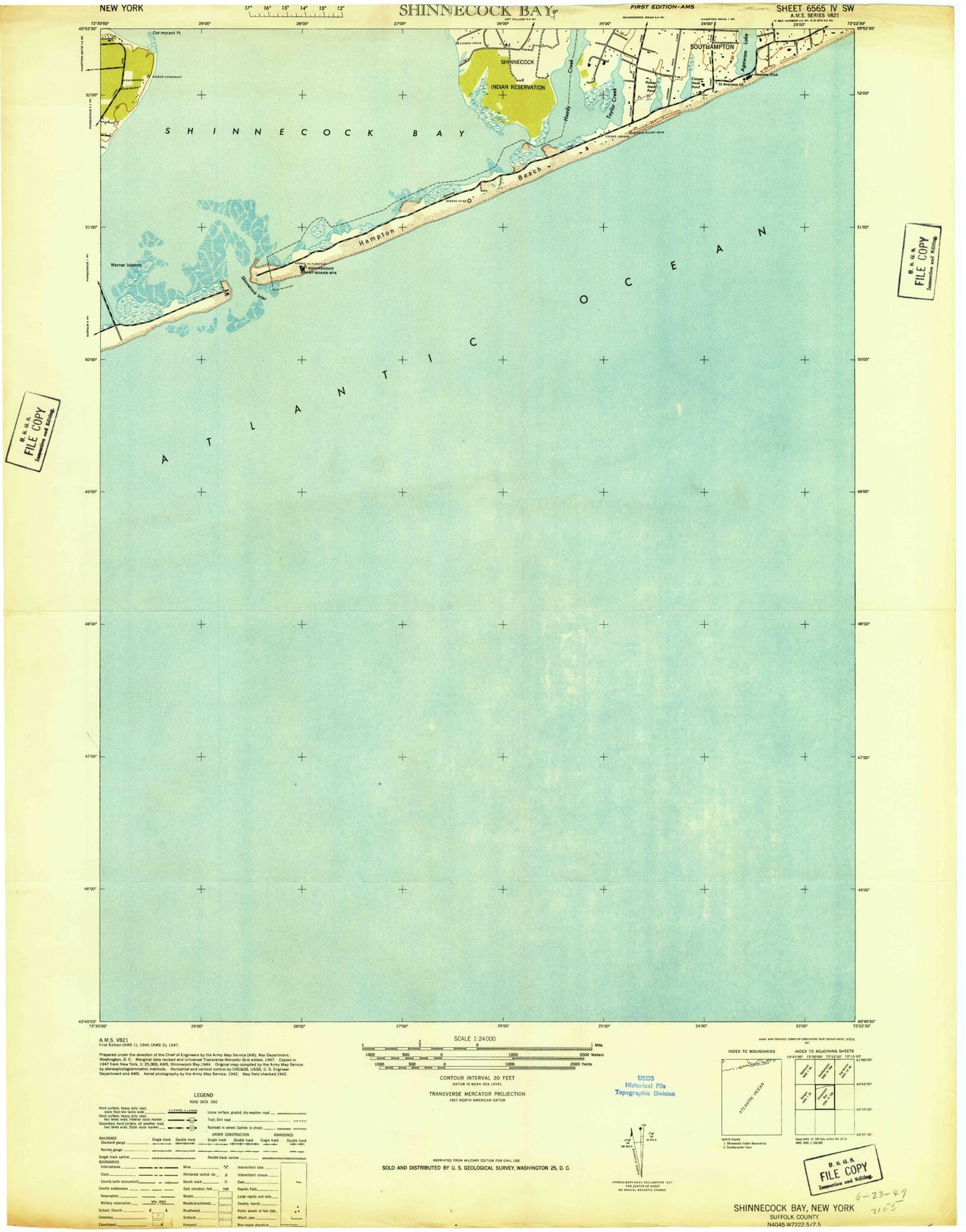 Classic USGS Shinnecock Inlet New York 7.5'x7.5' Topo Map Image