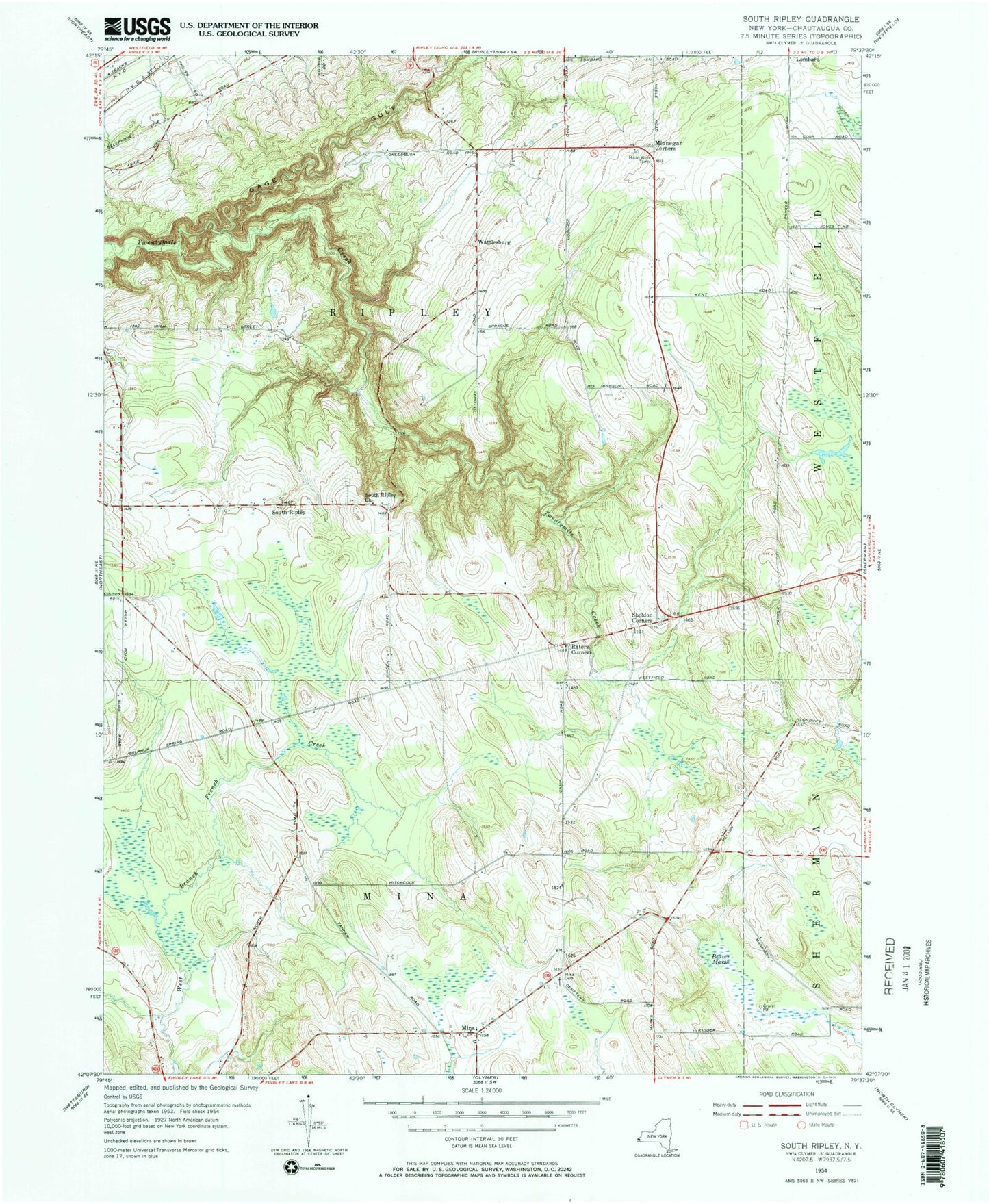Classic USGS South Ripley New York 7.5'x7.5' Topo Map Image