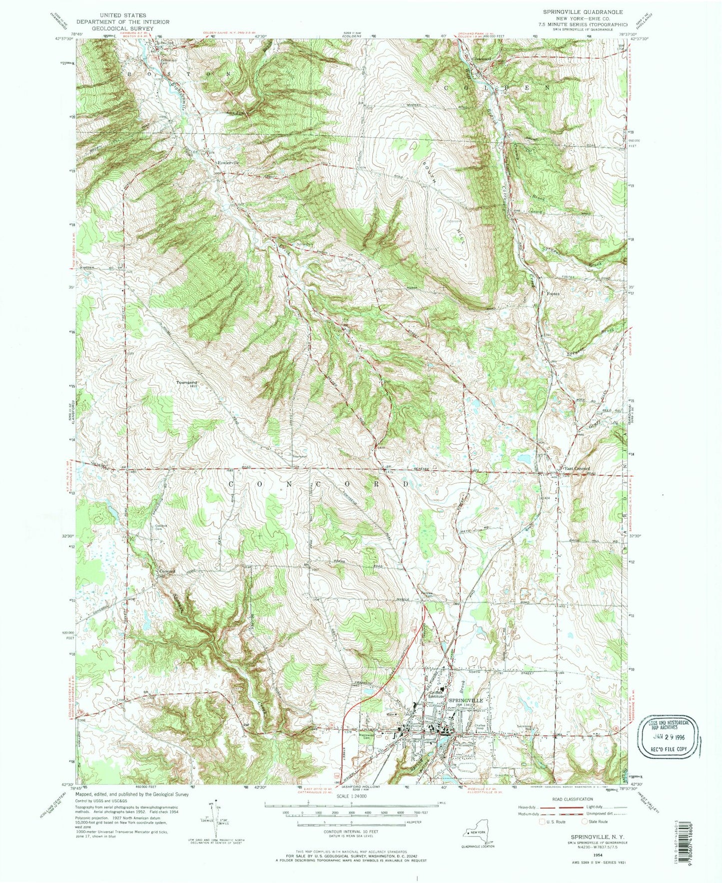 Classic USGS Springville New York 7.5'x7.5' Topo Map Image