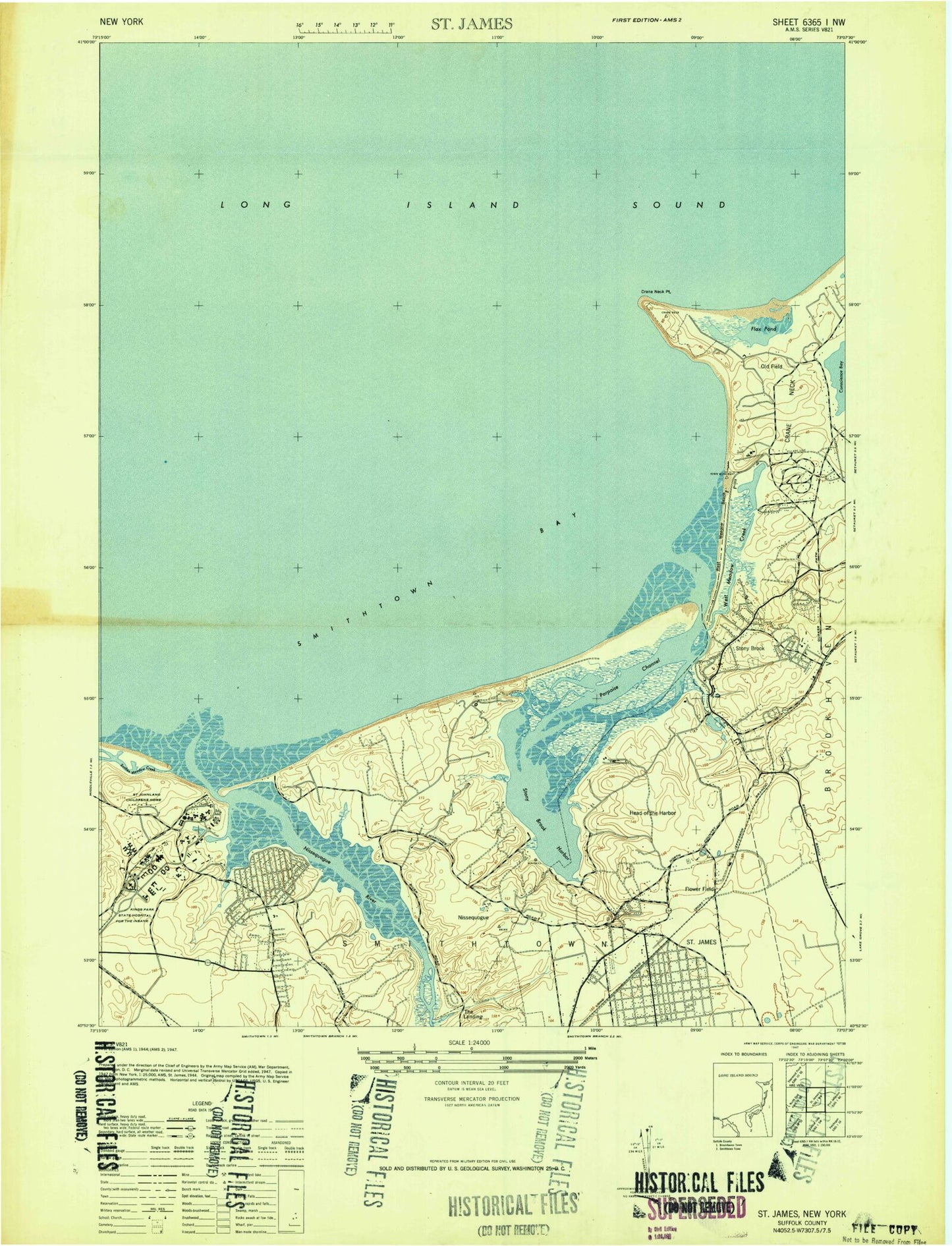 Classic USGS Saint James New York 7.5'x7.5' Topo Map Image