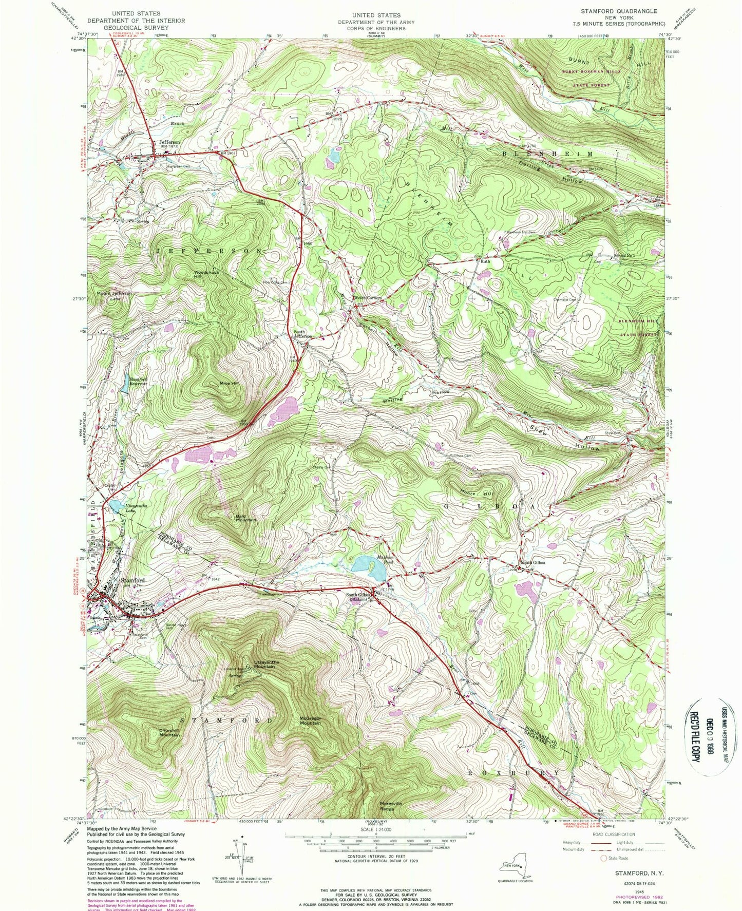 Classic USGS Stamford New York 7.5'x7.5' Topo Map Image