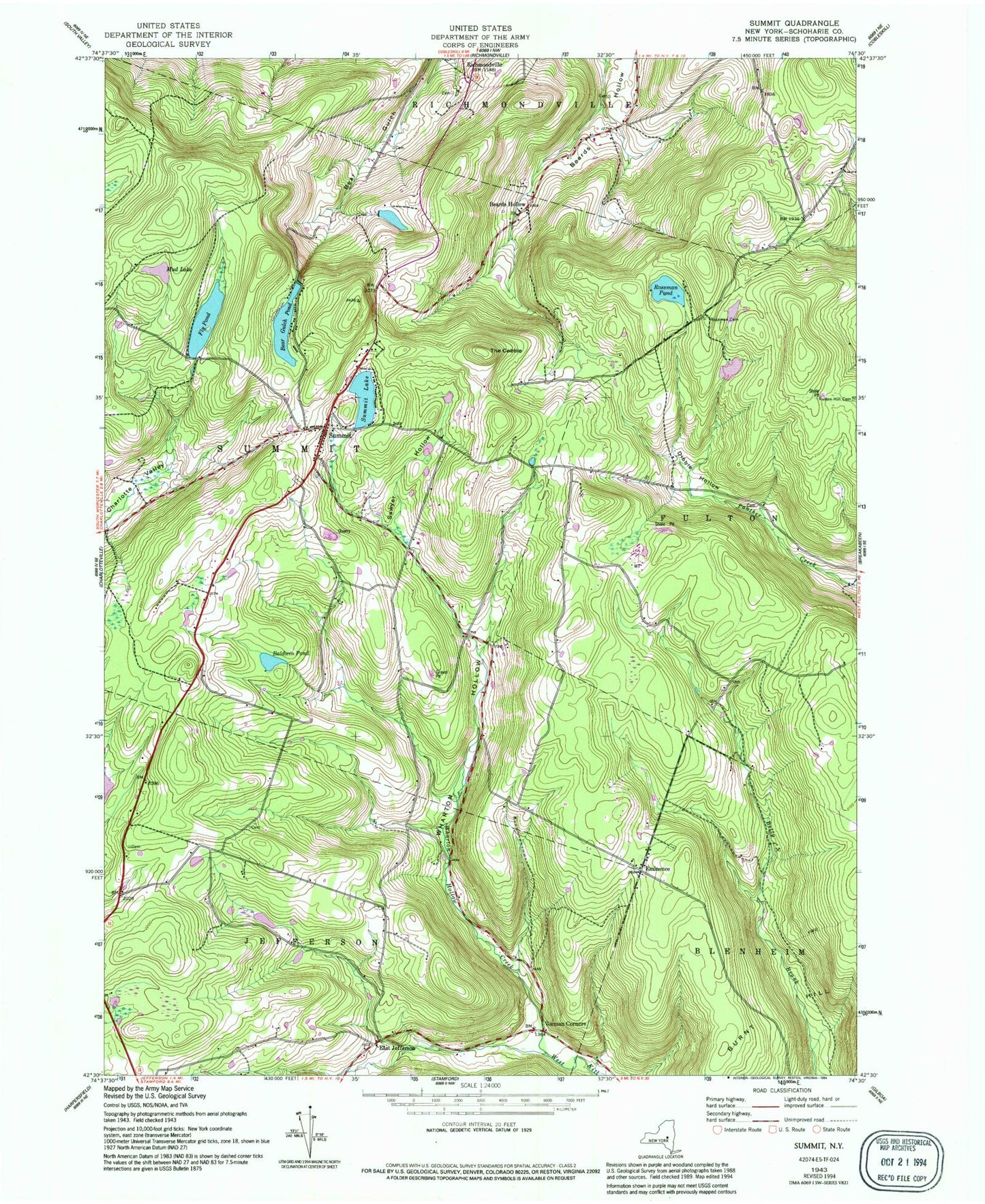 Classic USGS Summit New York 7.5'x7.5' Topo Map Image