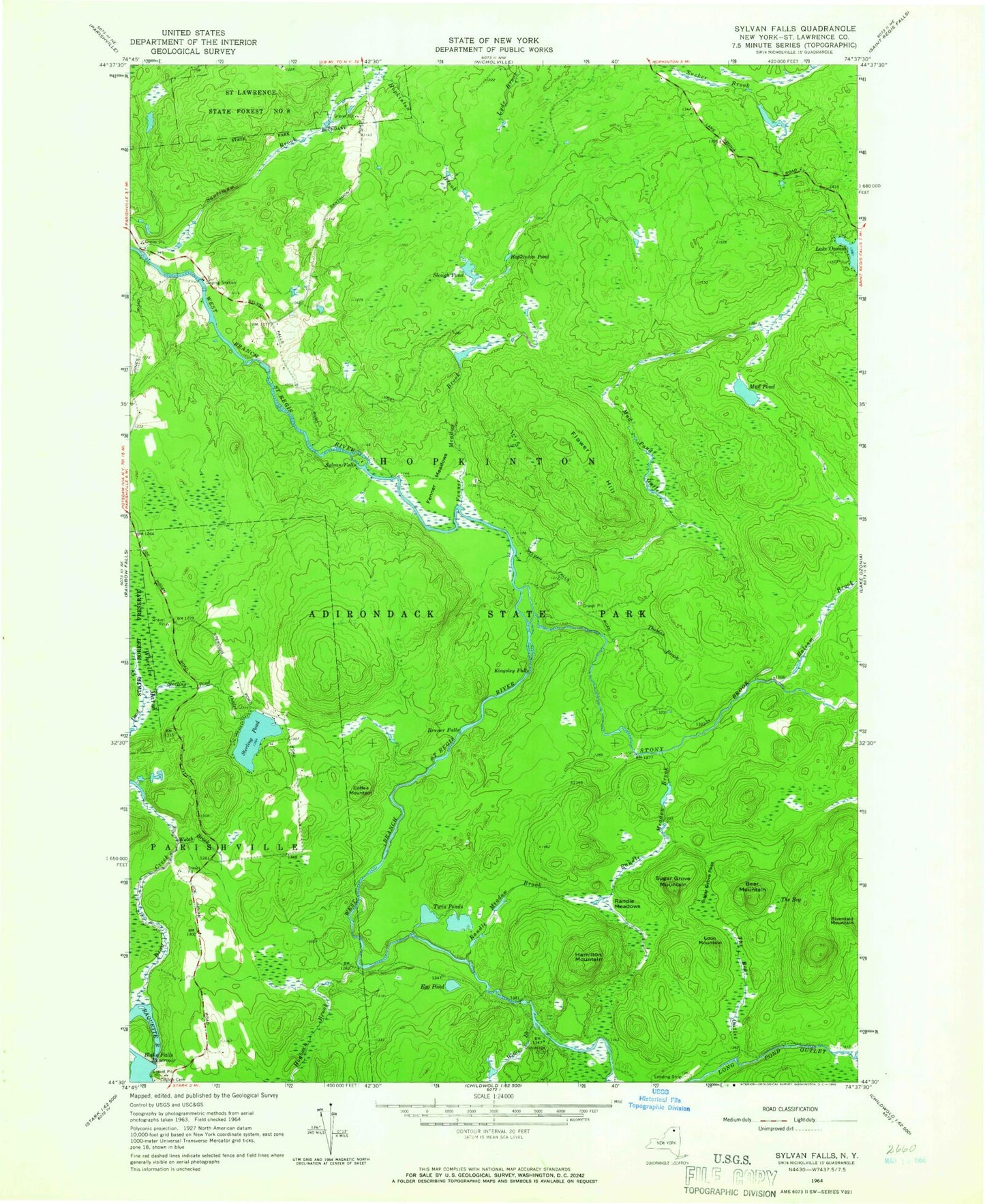 Classic USGS Sylvan Falls New York 7.5'x7.5' Topo Map Image