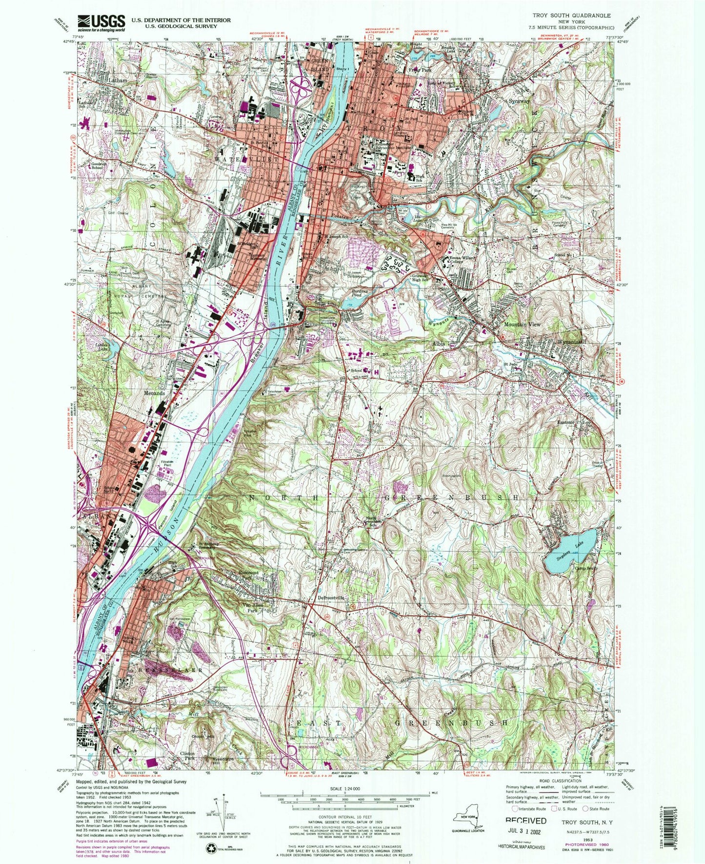 Classic USGS Troy South New York 7.5'x7.5' Topo Map Image