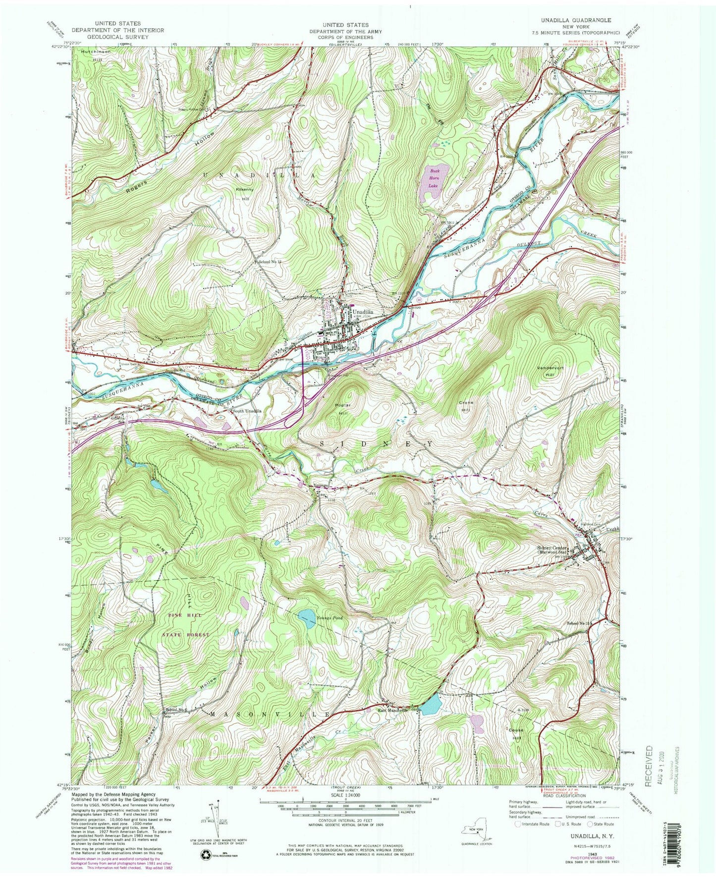 Classic USGS Unadilla New York 7.5'x7.5' Topo Map Image