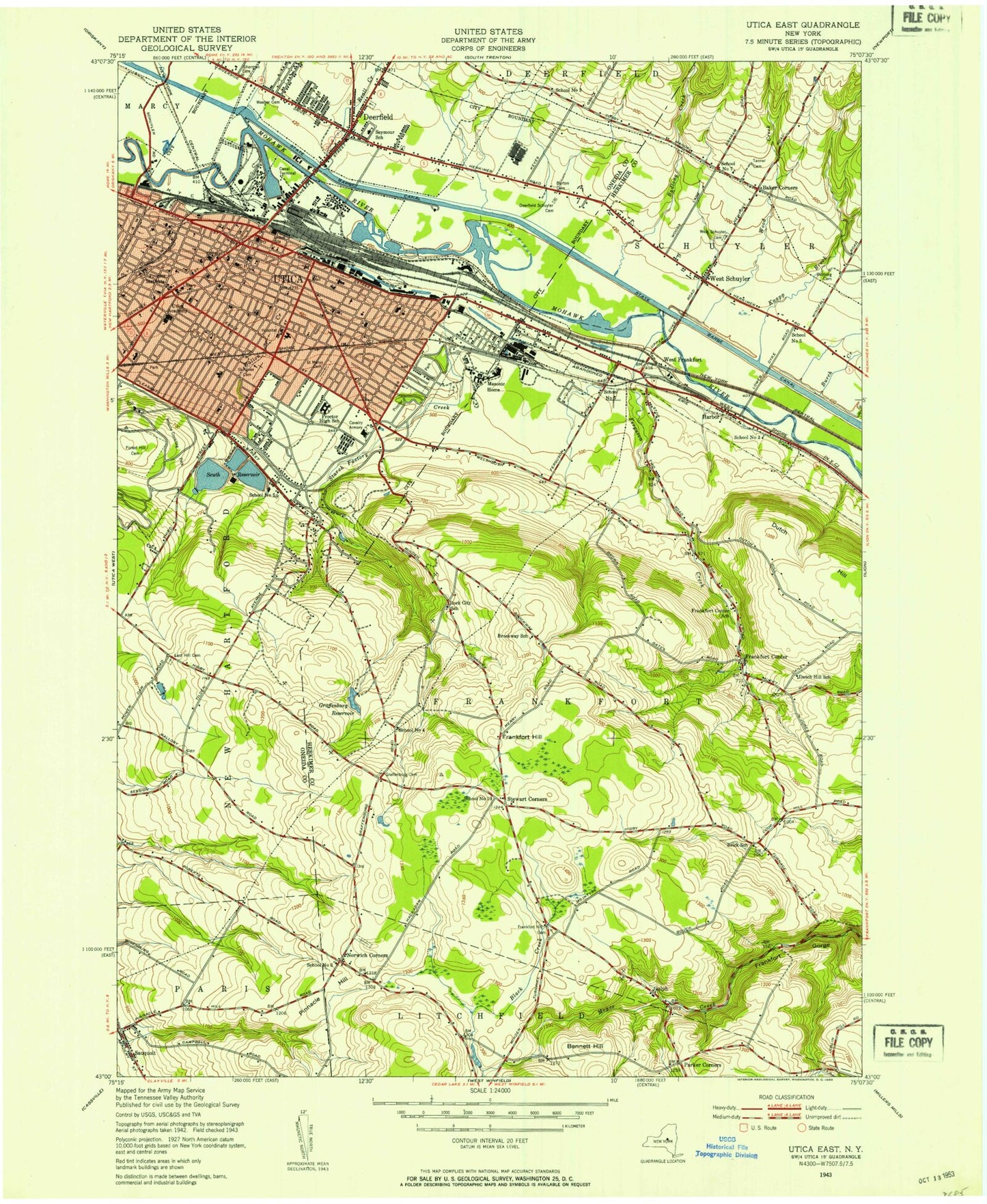 Classic USGS Utica East New York 7.5'x7.5' Topo Map Image