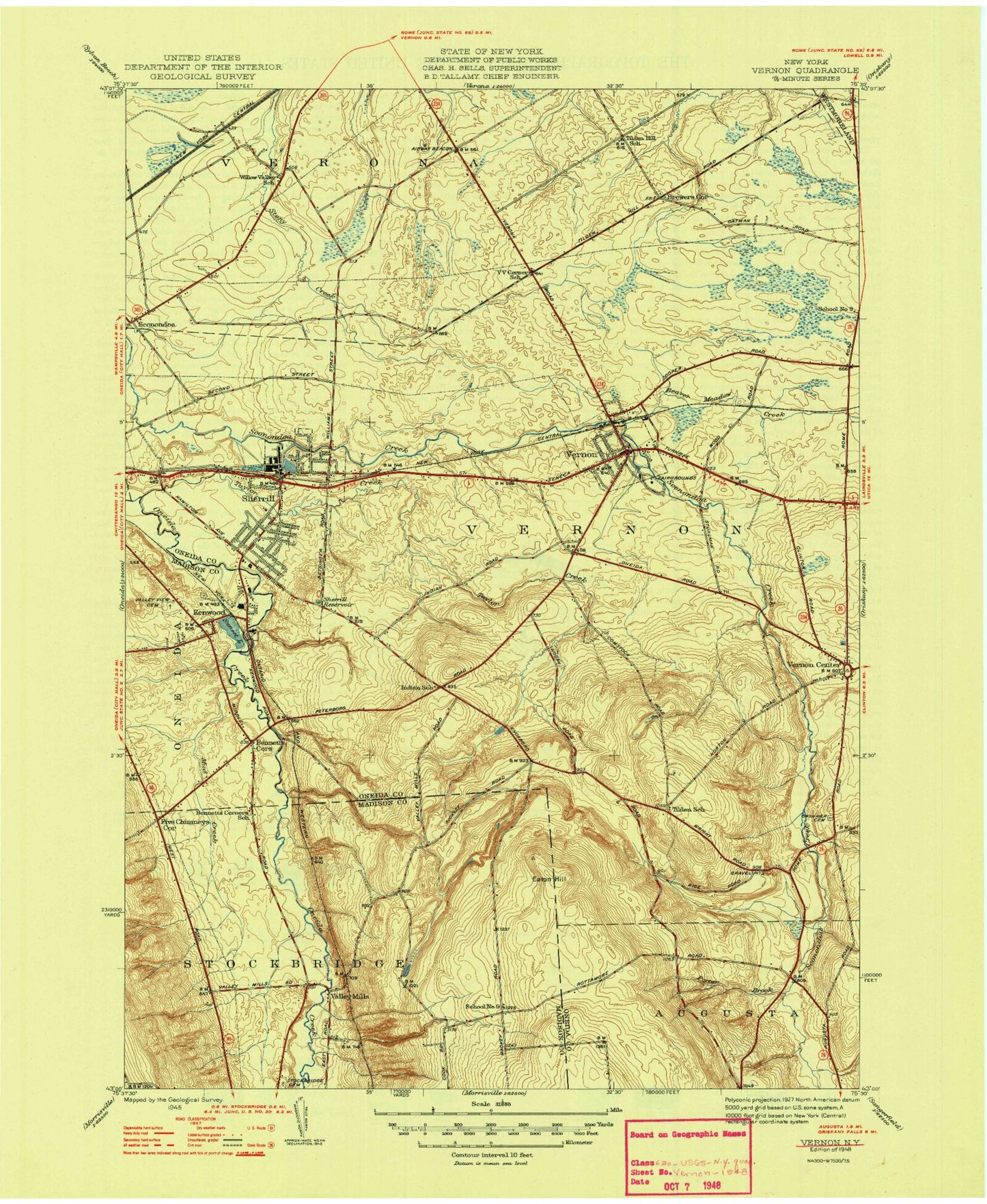 Classic USGS Vernon New York 7.5'x7.5' Topo Map Image