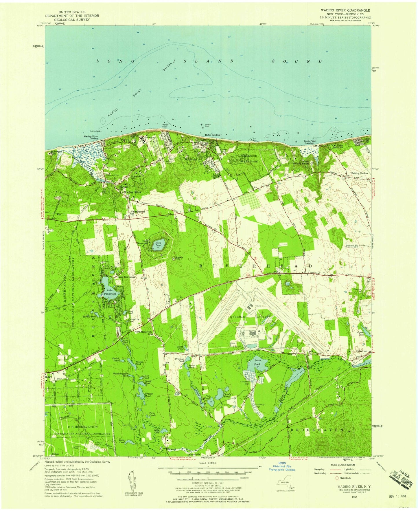 Classic USGS Wading River New York 7.5'x7.5' Topo Map Image