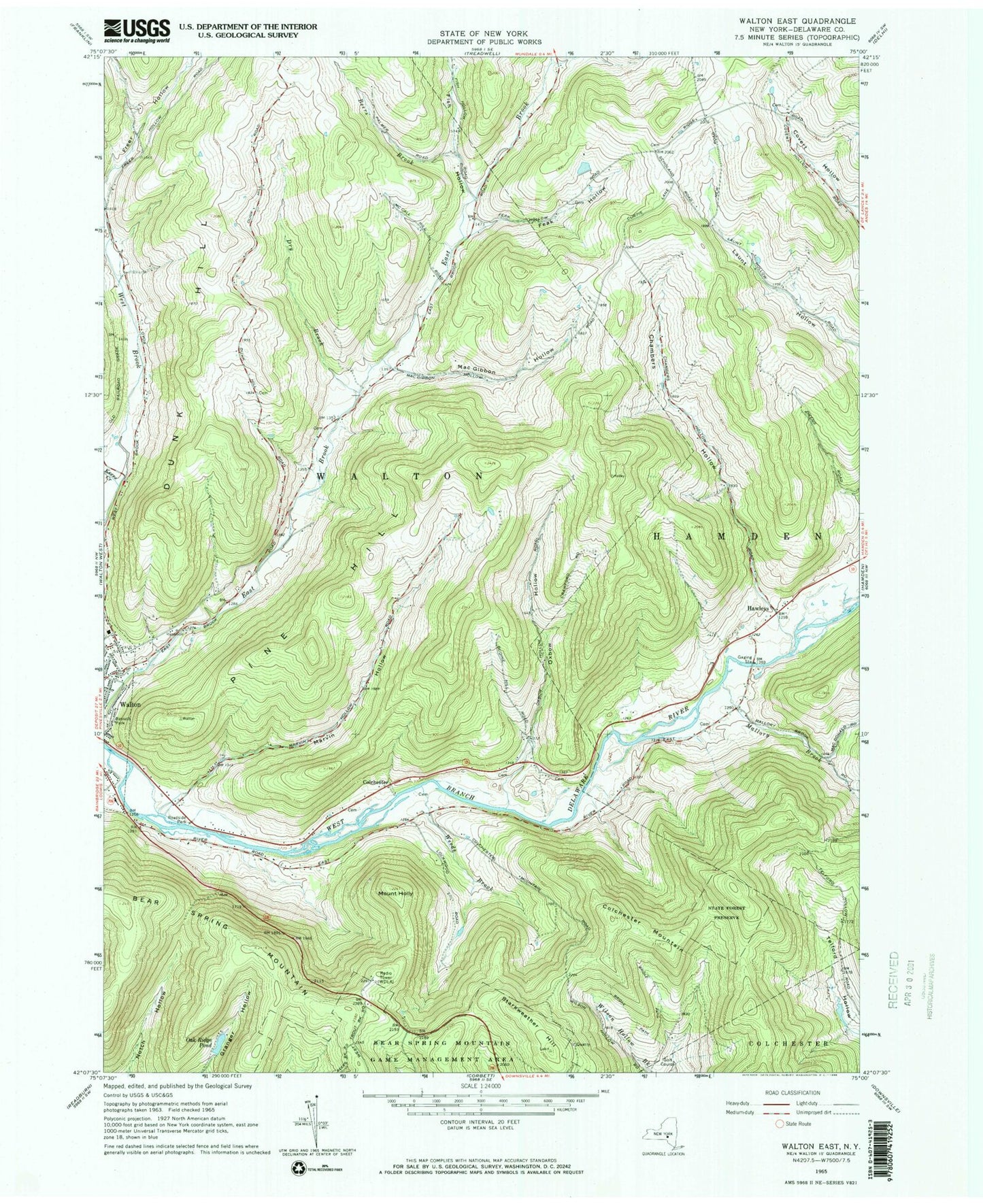 Classic USGS Walton East New York 7.5'x7.5' Topo Map Image