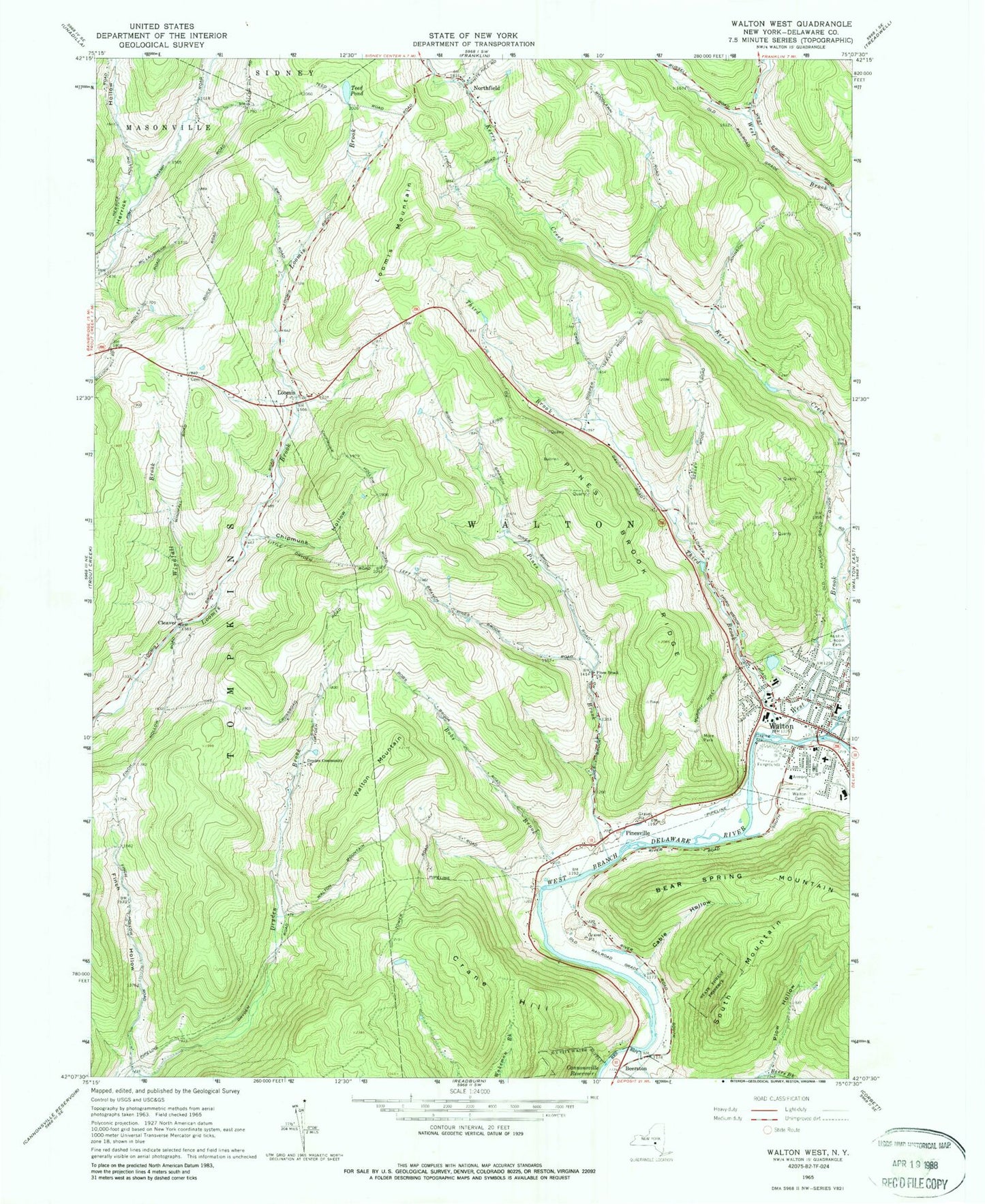 Classic USGS Walton West New York 7.5'x7.5' Topo Map Image