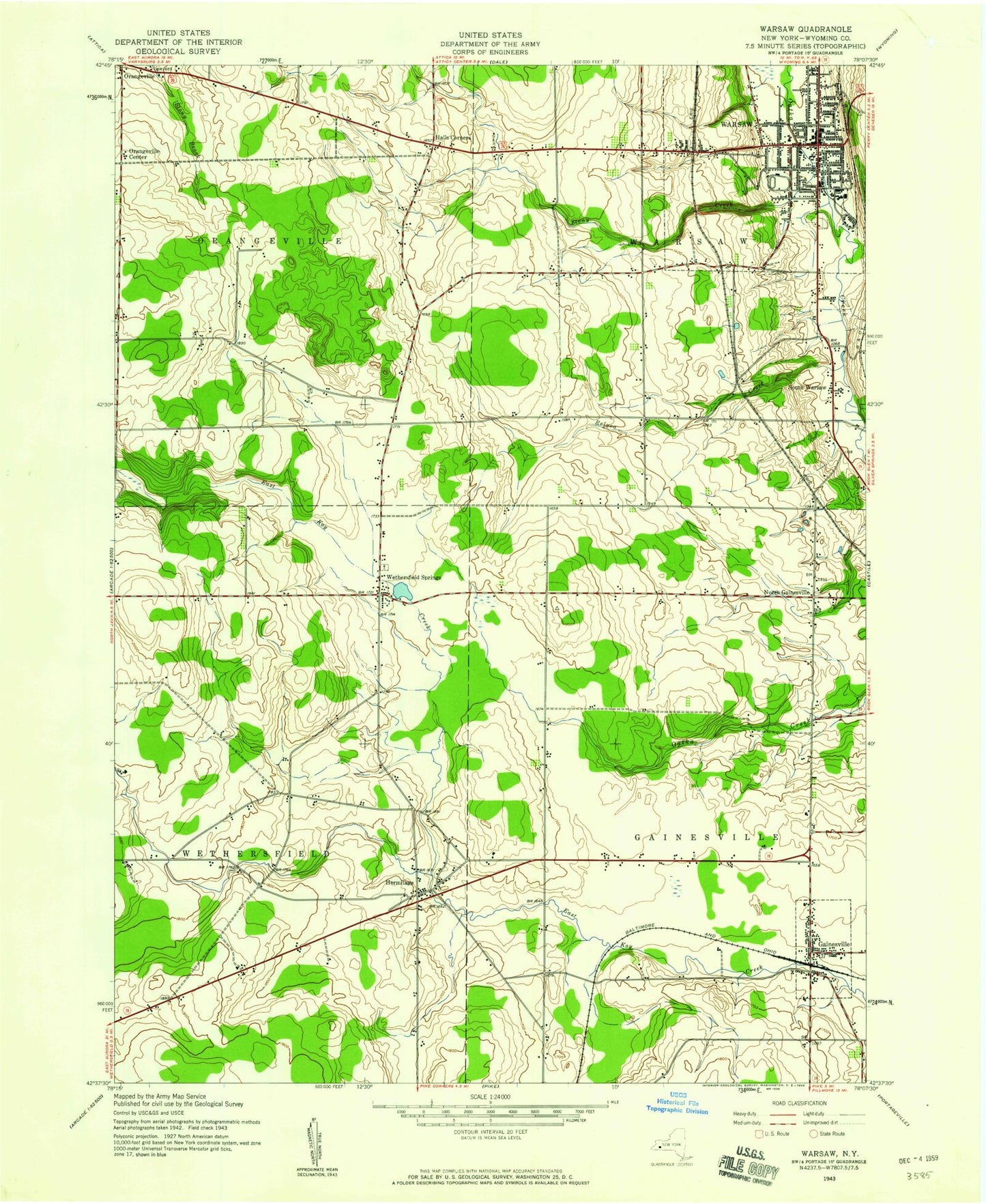 Classic USGS Warsaw New York 7.5'x7.5' Topo Map Image
