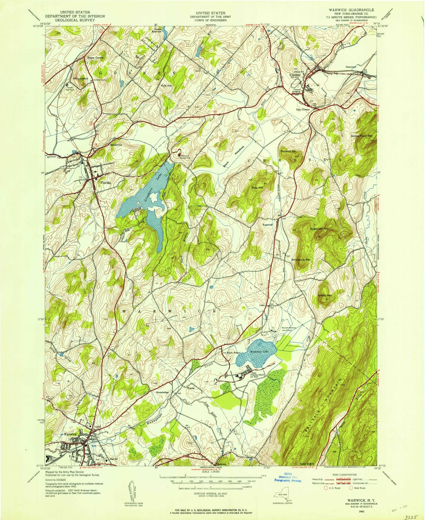 Classic USGS Warwick New York 7.5'x7.5' Topo Map Image